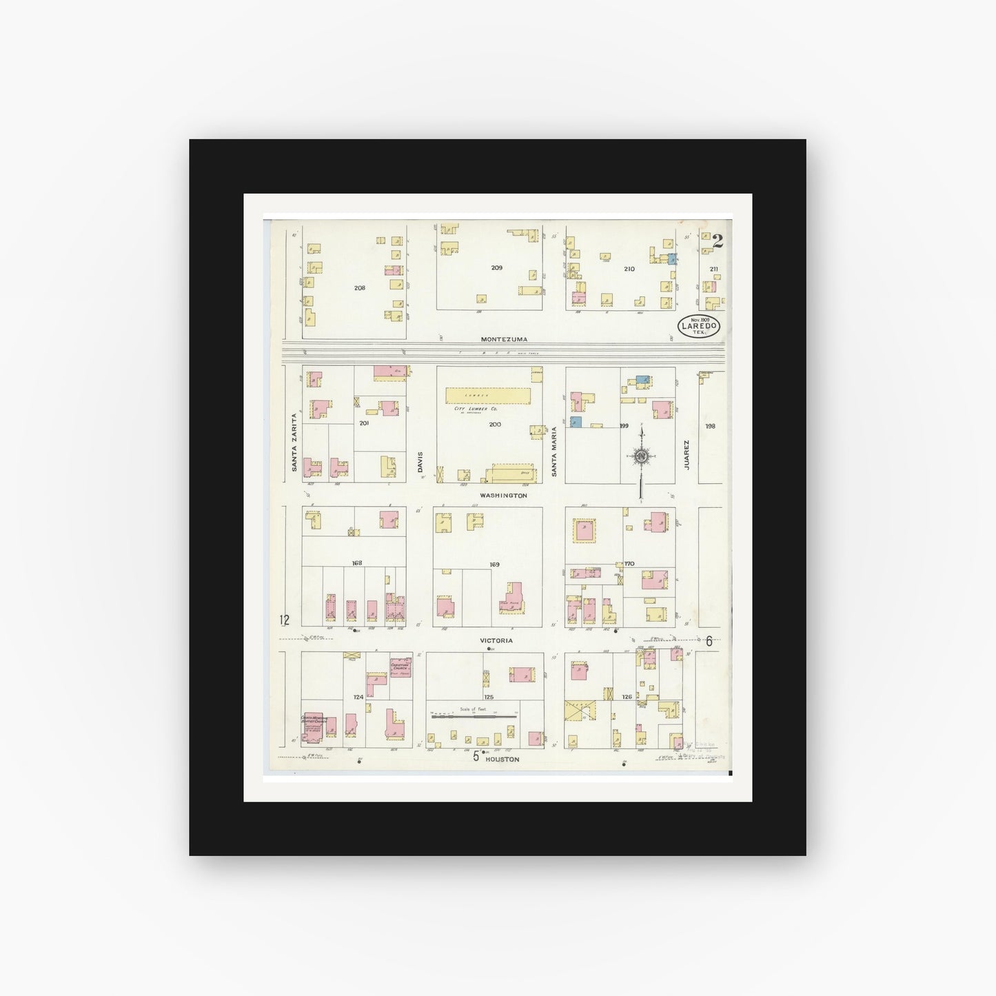 Old map wall art mockup — black gallery frame with white mat — Sanborn Fire Insurance Map from Laredo, Webb County, Texas (1909), Sheet #0002