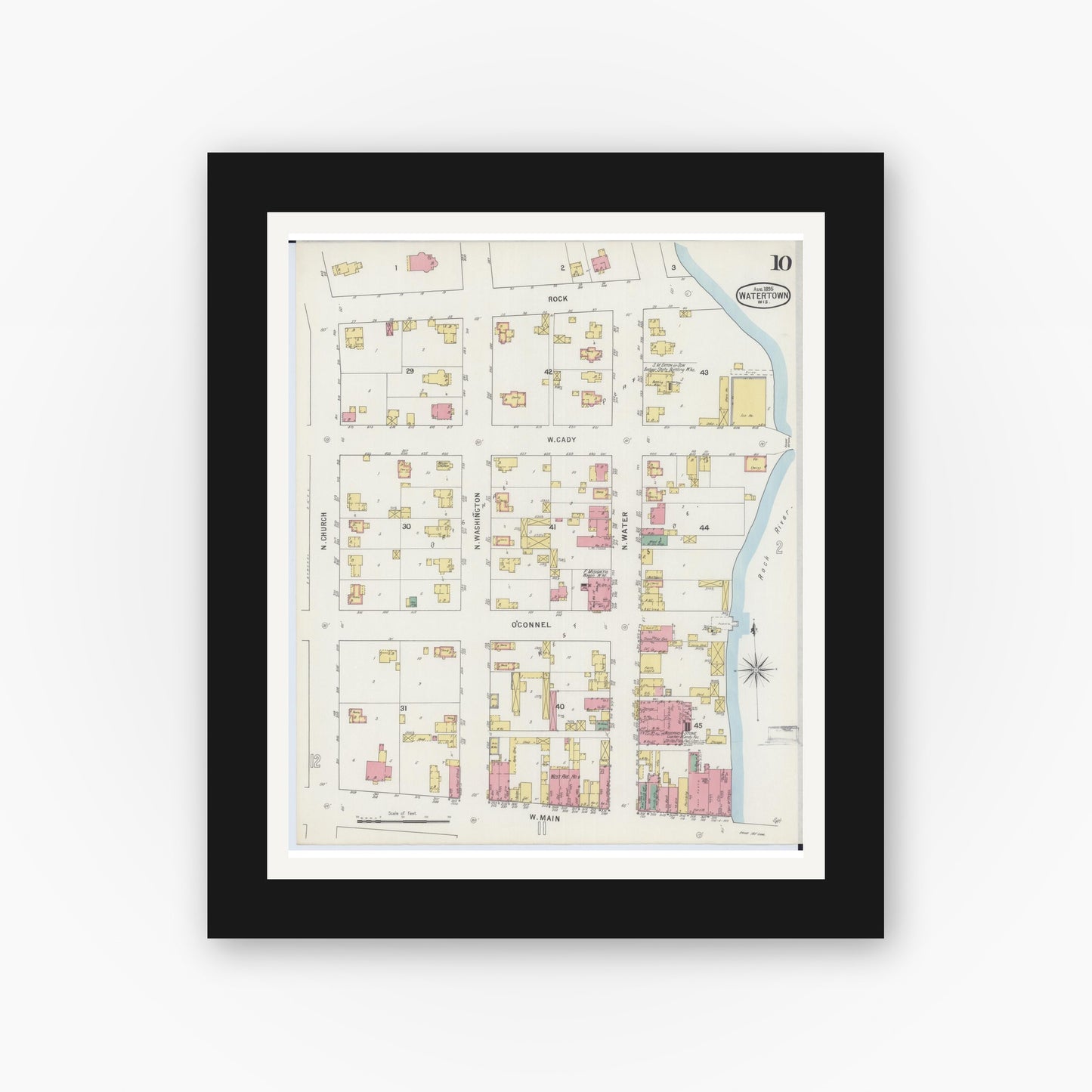 Old map wall art mockup — black gallery frame with white mat — Sanborn Fire Insurance Map from Watertown, Jefferson County, Wisconsin (1895), Sheet #0010