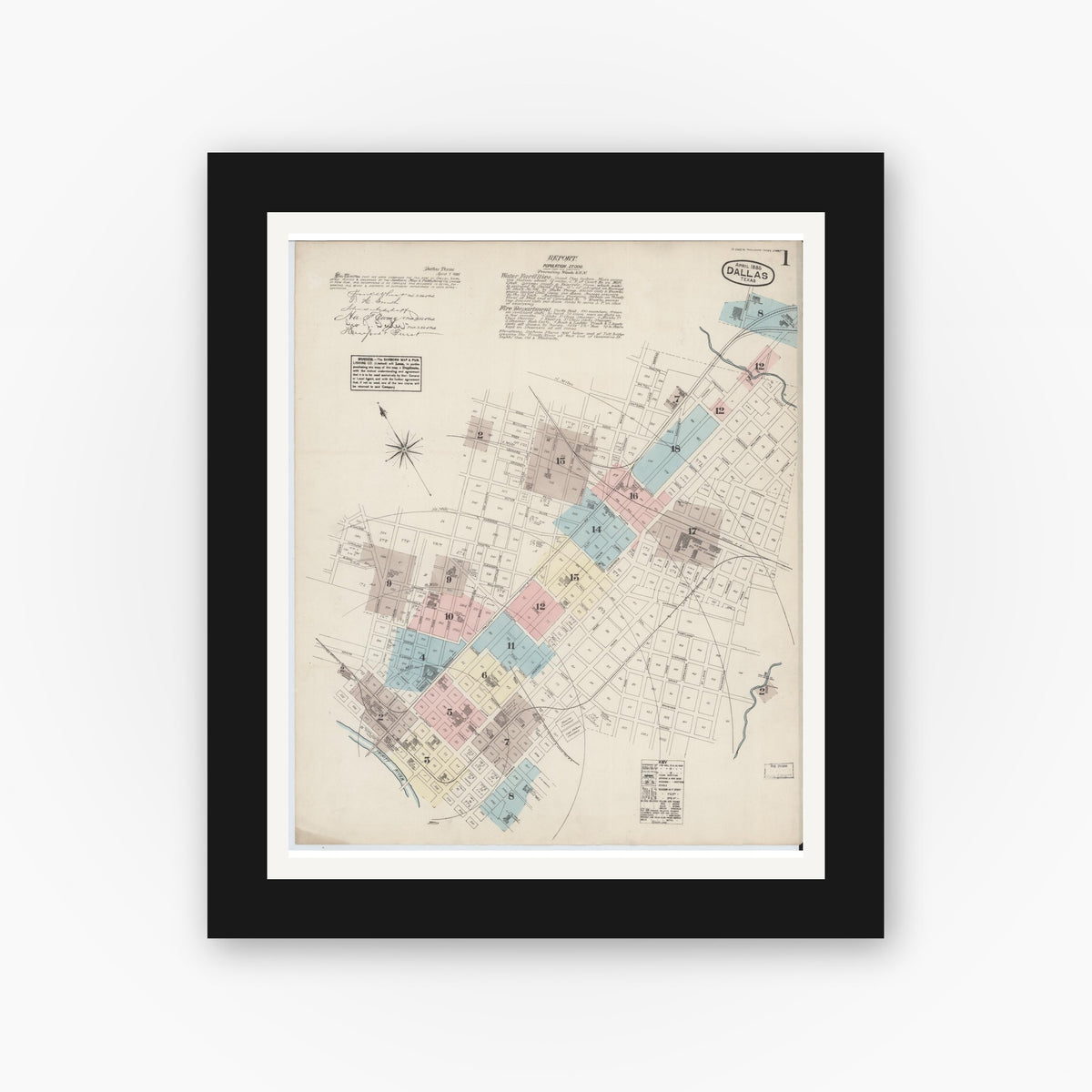 Old map wall art mockup — black gallery frame with white mat — Sanborn Fire Insurance Map from Dallas, Dallas County, Texas (1885) - Complete Map Set