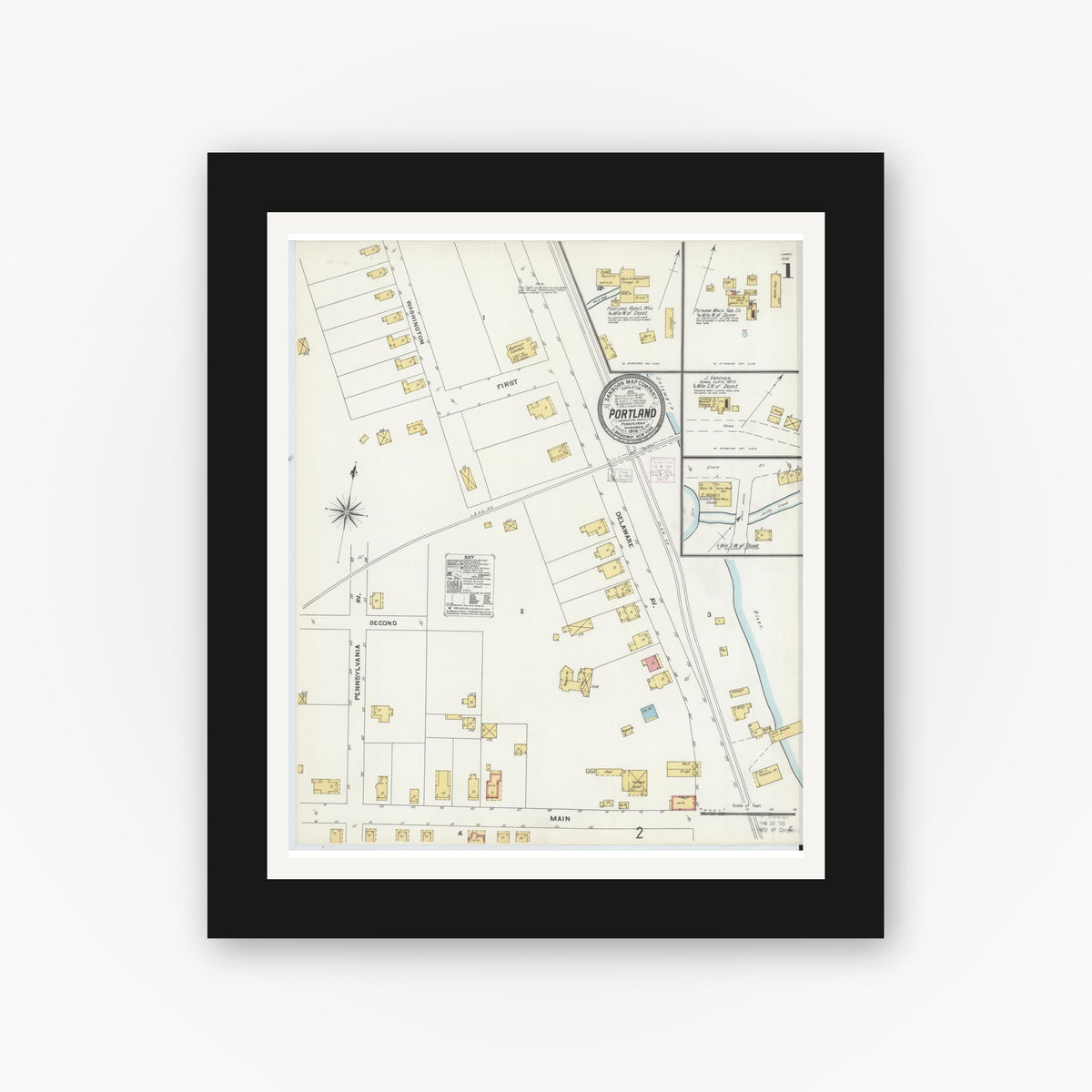 Old map wall art mockup — black gallery frame with white mat — Sanborn Fire Insurance Map from Portland, Northampton County, Pennsylvania (1904) - Complete Map Set