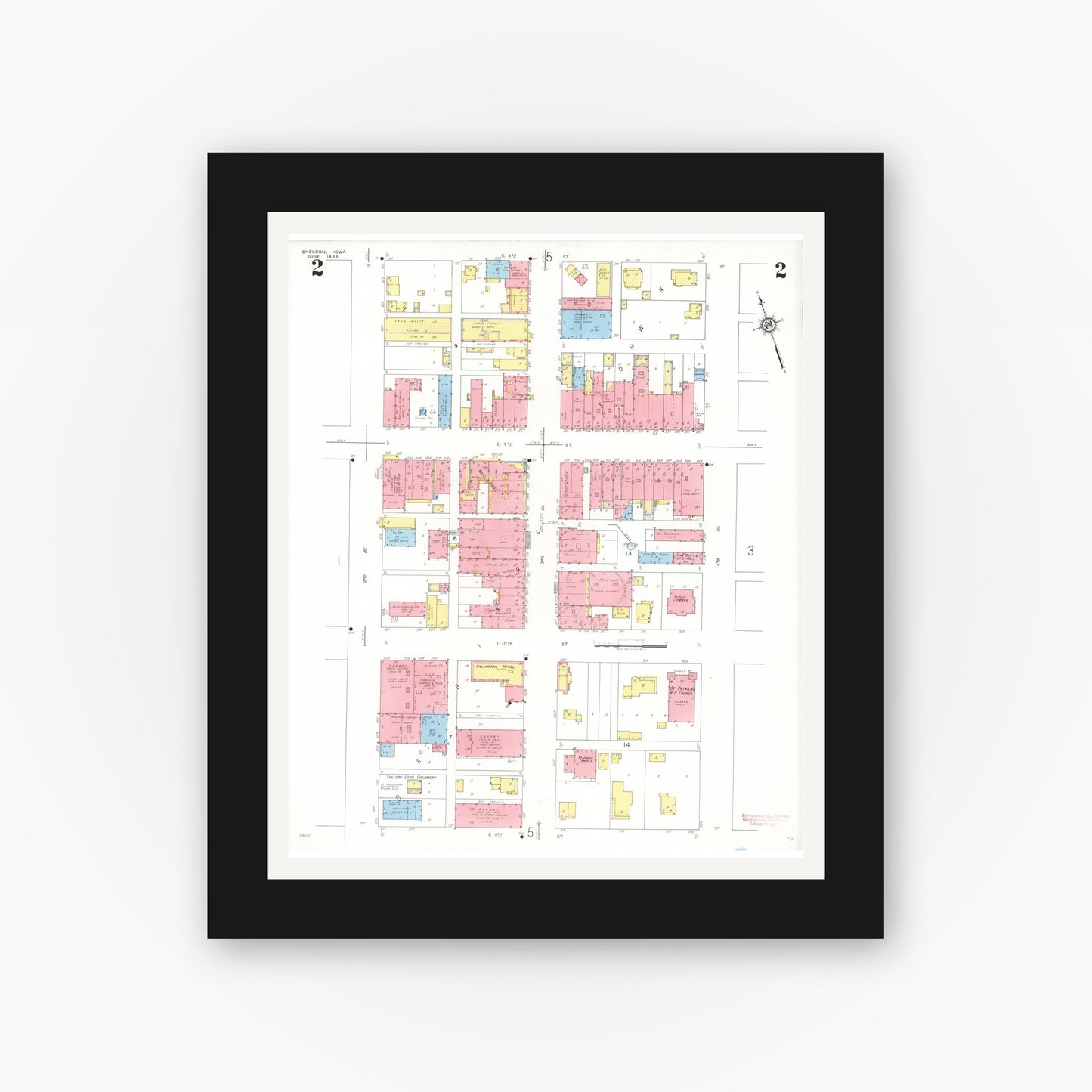 Old map wall art mockup — black gallery frame with white mat — Sanborn Fire Insurance Map from Sheldon, O'Brien County, Iowa (1933), Sheet #0002