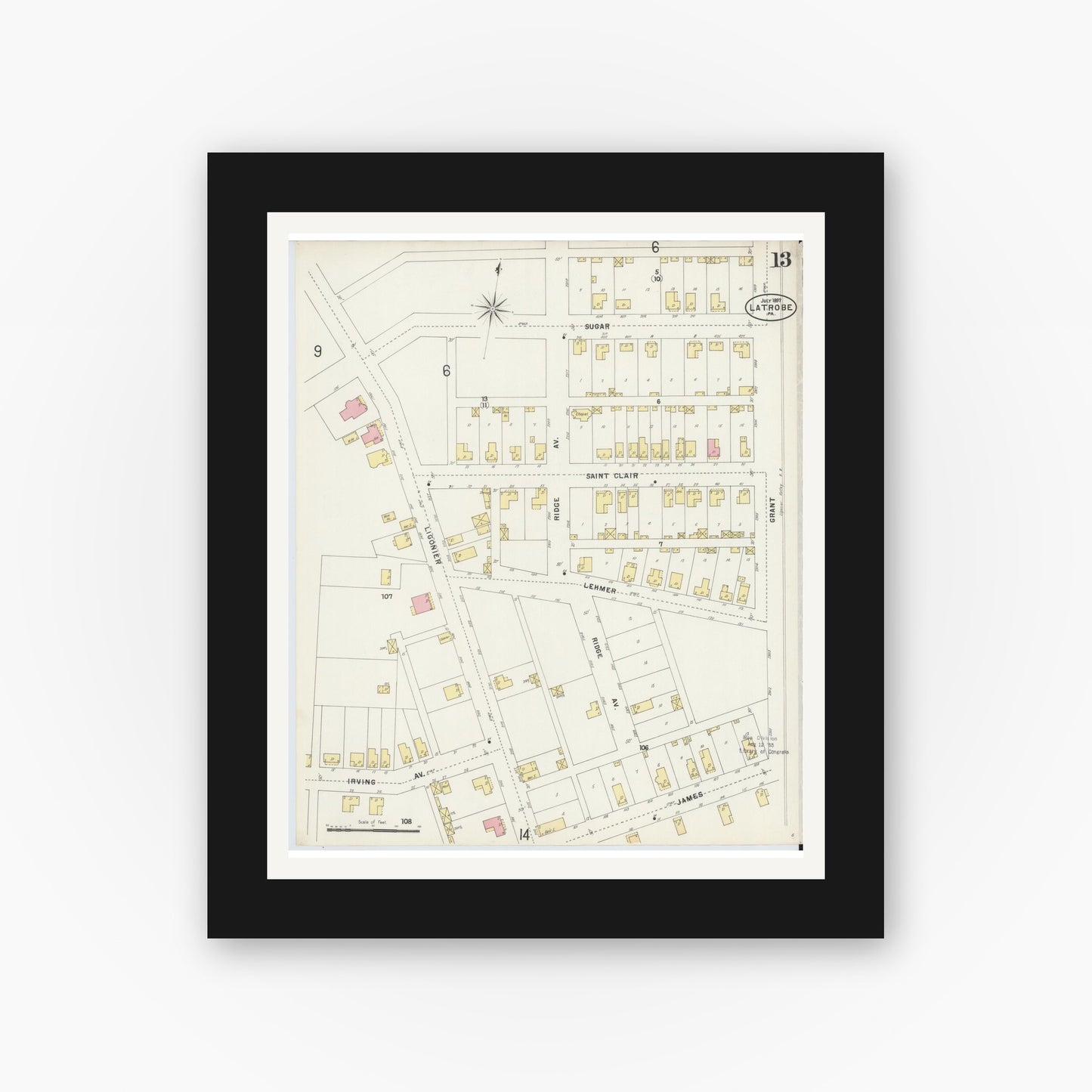 Old map wall art mockup — black gallery frame with white mat — Sanborn Fire Insurance Map from Latrobe, Westmoreland County, Pennsylvania (1897), Sheet #0013