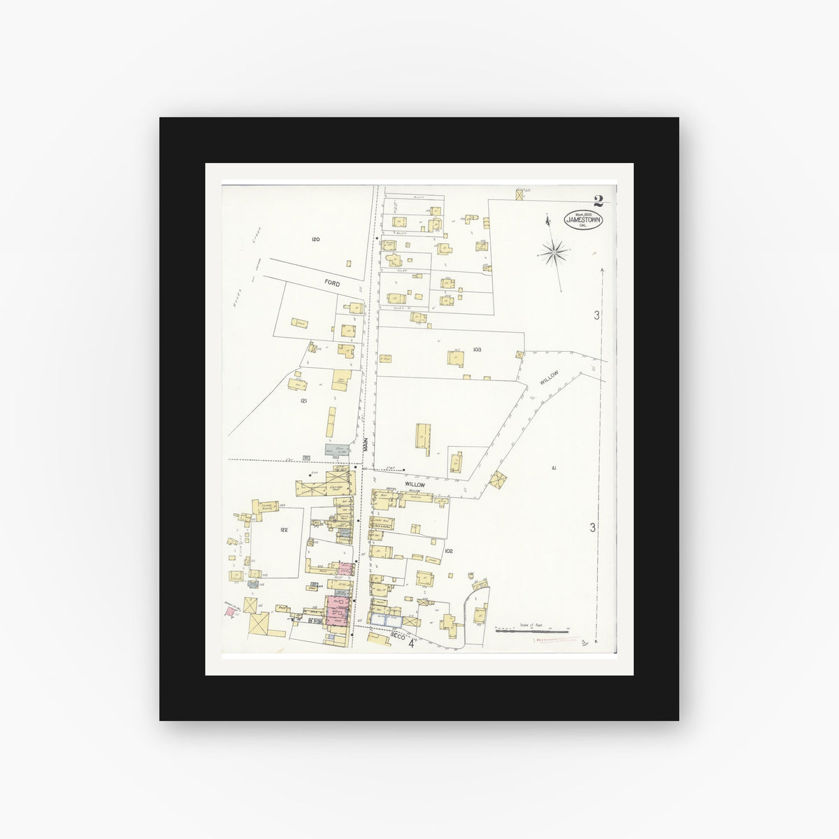 Old map wall art mockup — black gallery frame with white mat — Sanborn Fire Insurance Map from Jamestown, Tuolumne County, California (1908), Sheet #0002