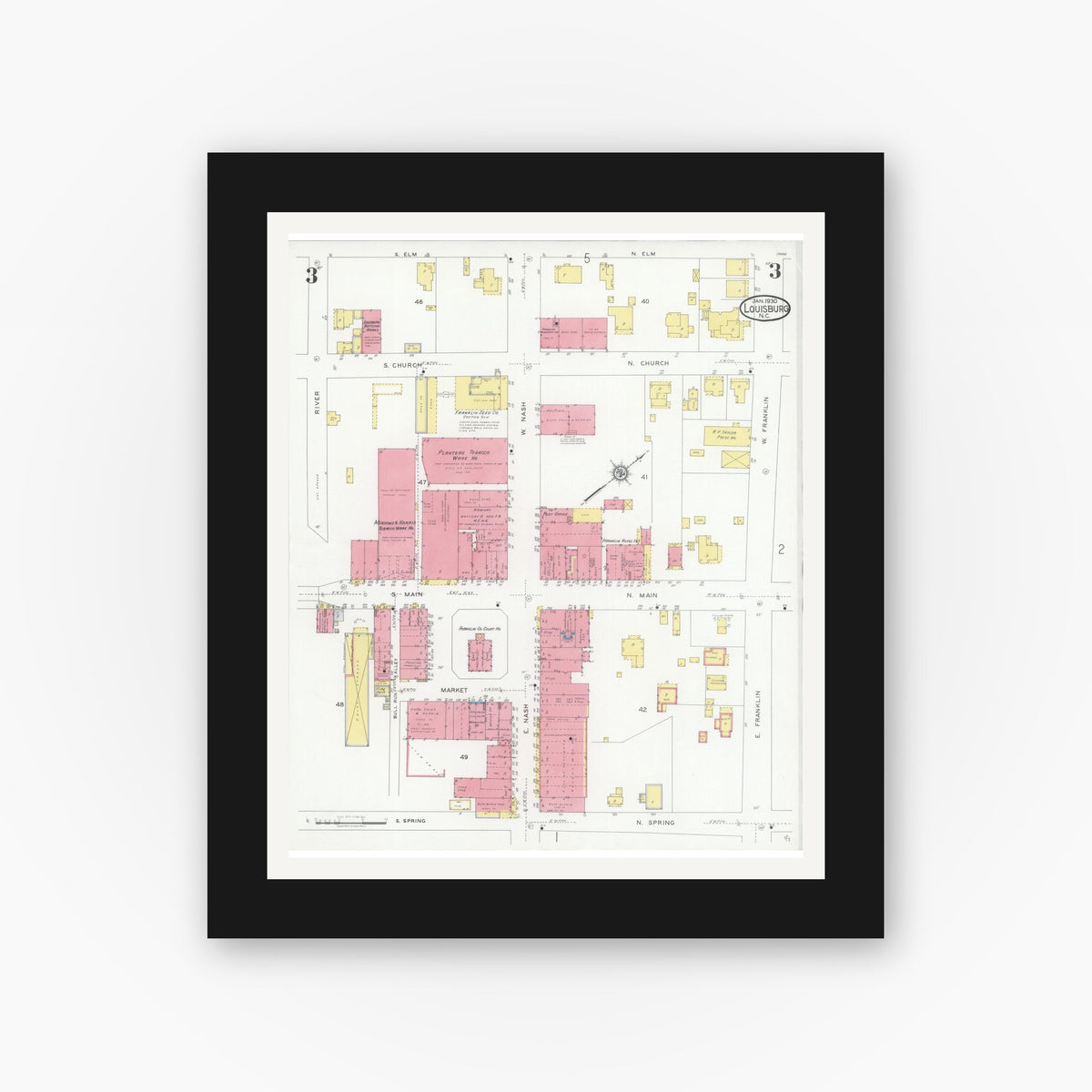 Old map wall art mockup — black gallery frame with white mat — Sanborn Fire Insurance Map from Louisburg, Franklin County, North Carolina (1930), Sheet #0003