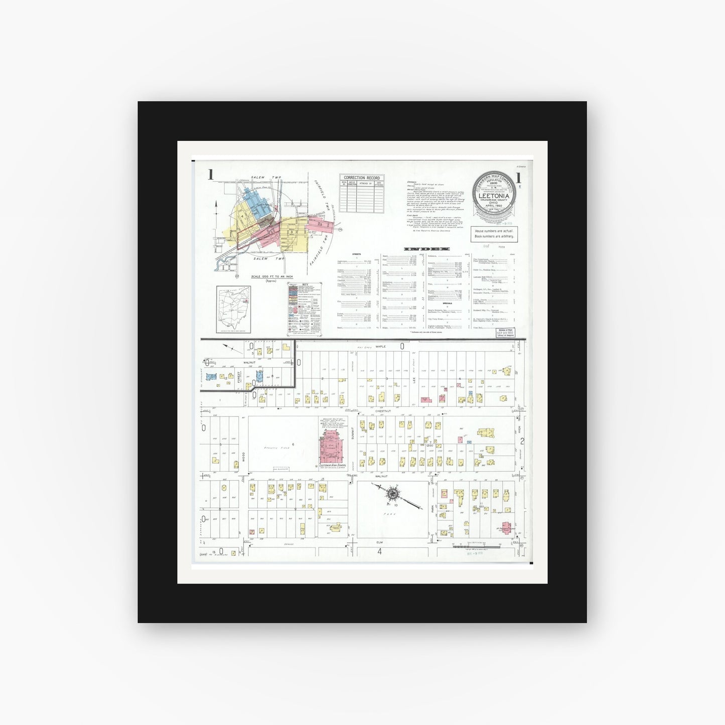 Old map wall art mockup — black gallery frame with white mat — Sanborn Fire Insurance Map from Leetonia, Columbiana County, Ohio (1950) - Complete Map Set
