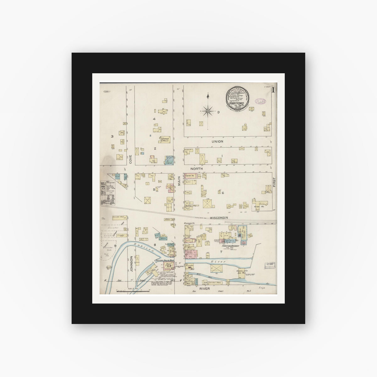 Old map wall art mockup — black gallery frame with white mat — Sanborn Fire Insurance Map from Hartford, Washington County, Wisconsin (1887) - Complete Map Set