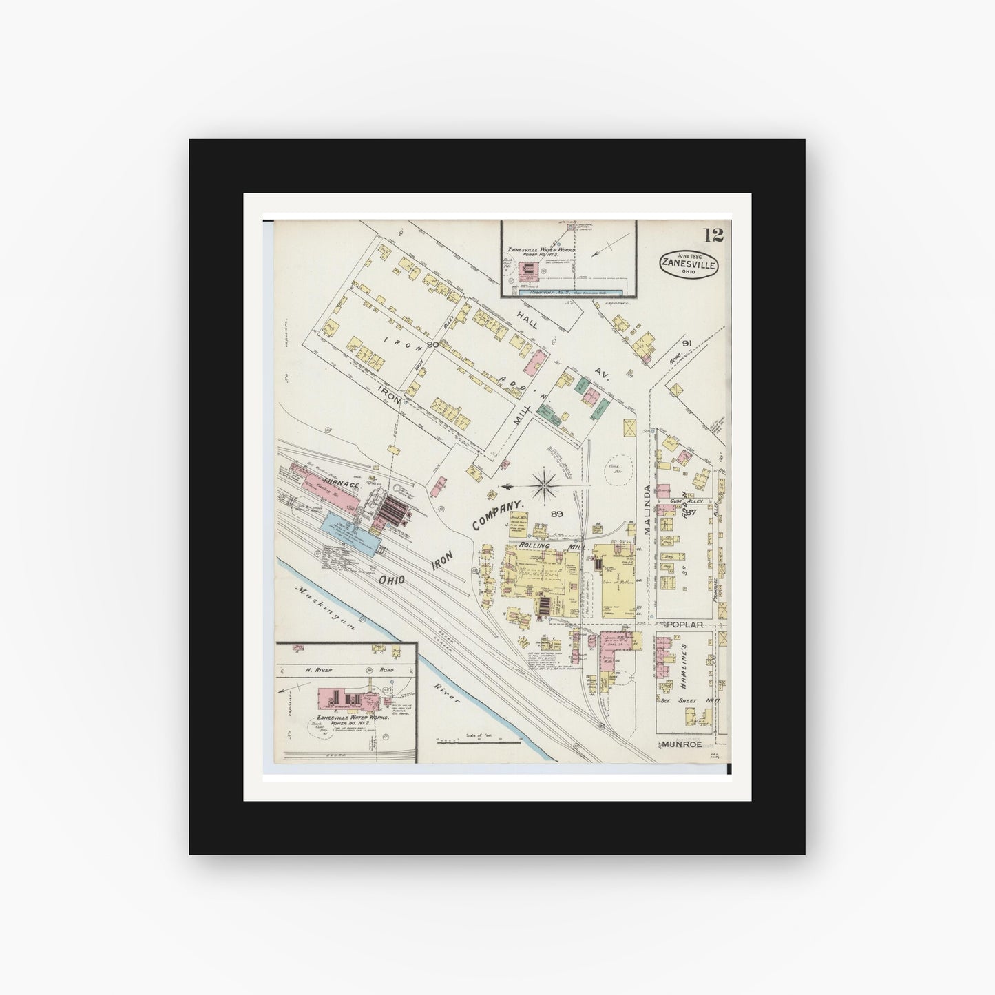 Old map wall art mockup — black gallery frame with white mat — Sanborn Fire Insurance Map from Zanesville, Muskingum County, Ohio (1886), Sheet #0012
