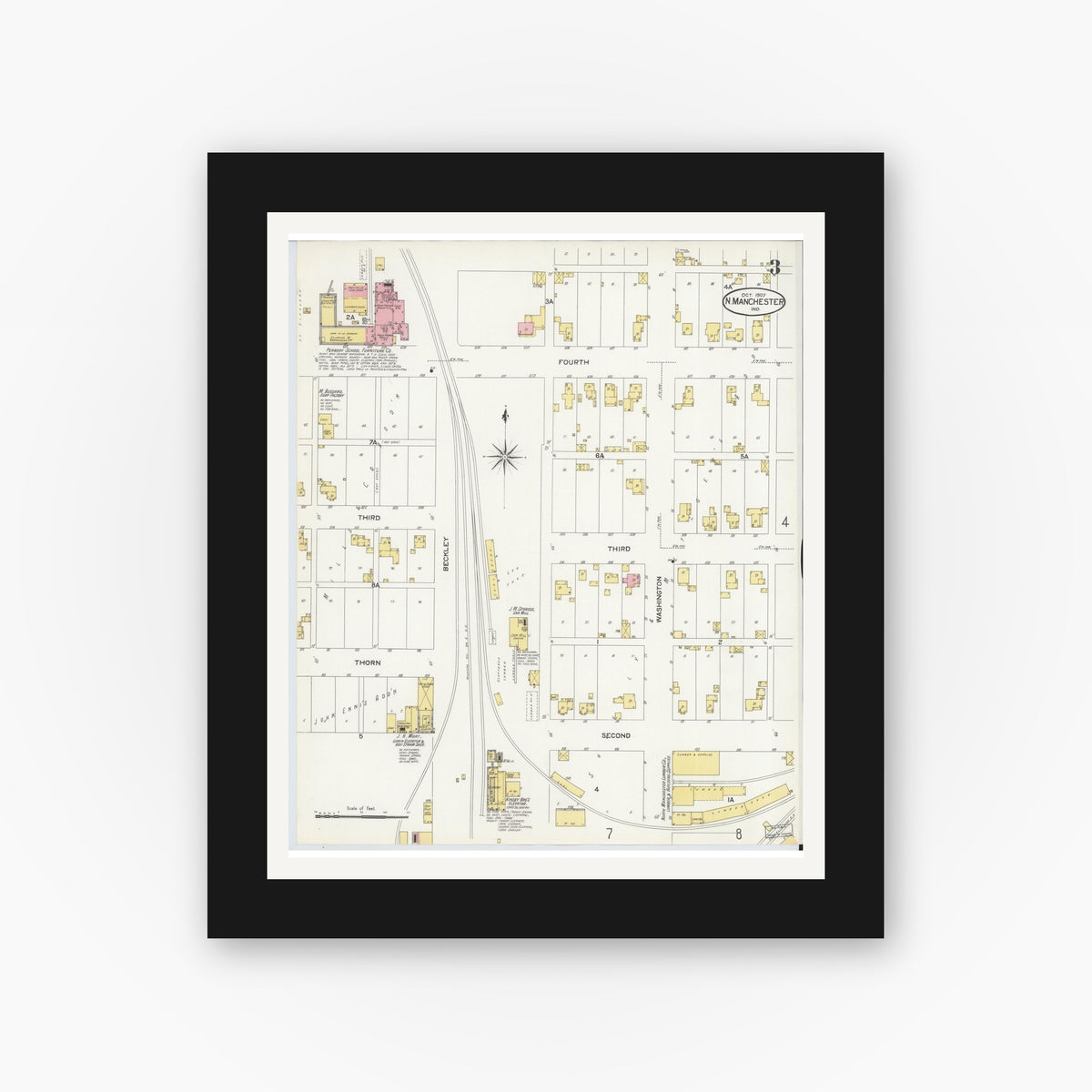 Old map wall art mockup — black gallery frame with white mat — Sanborn Fire Insurance Map from North Manchester, Wabash County, Indiana (1907), Sheet #0003