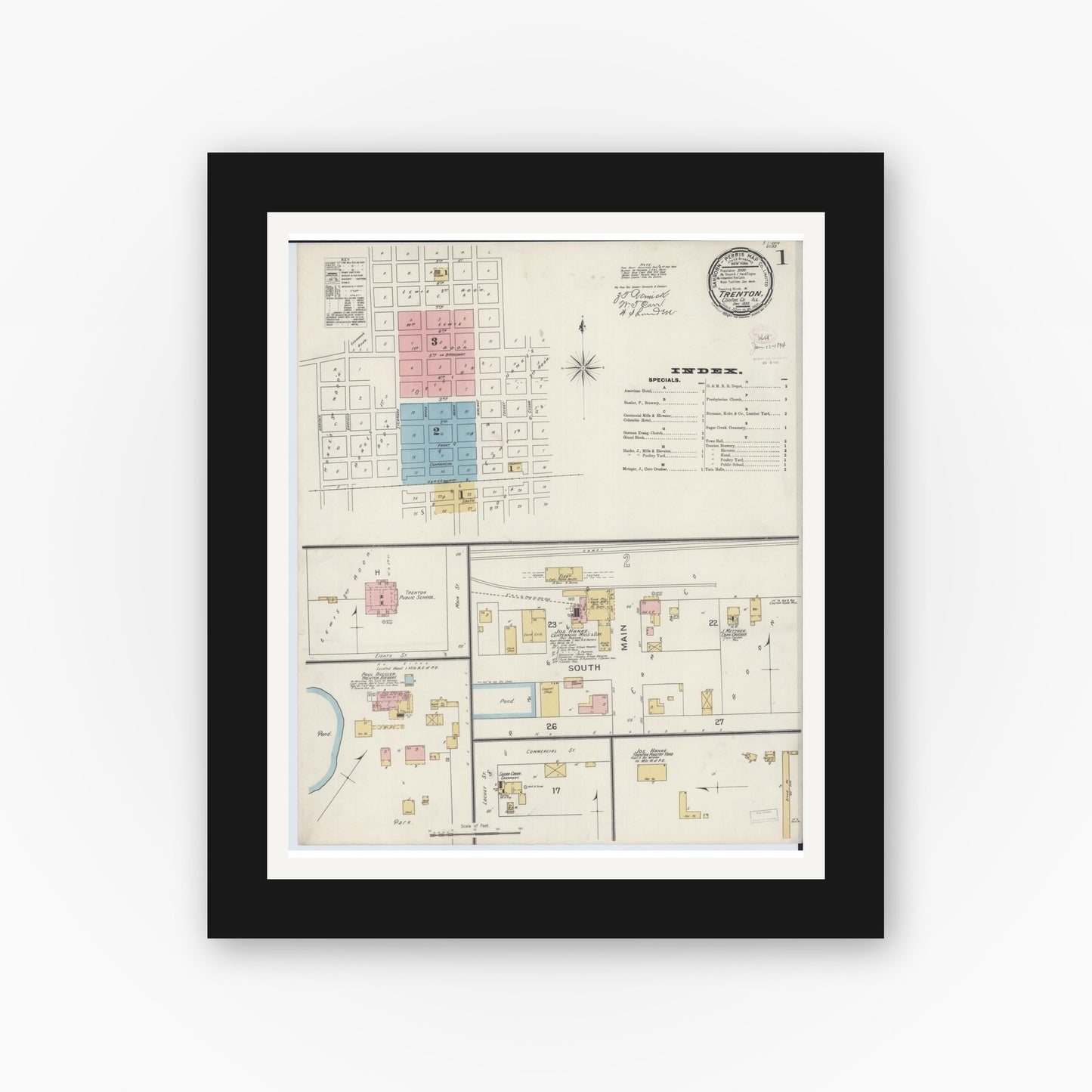 Old map wall art mockup — black gallery frame with white mat — Sanborn Fire Insurance Map from Trenton, Clinton County, Illinois (1893) - Complete Map Set