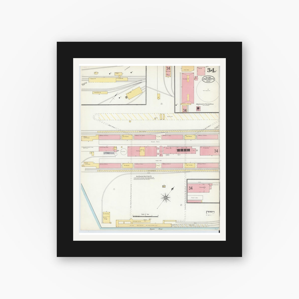 Old map wall art mockup — black gallery frame with white mat — Sanborn Fire Insurance Map from Everett, Middlesex County, Massachusetts (1903), Sheet #0034
