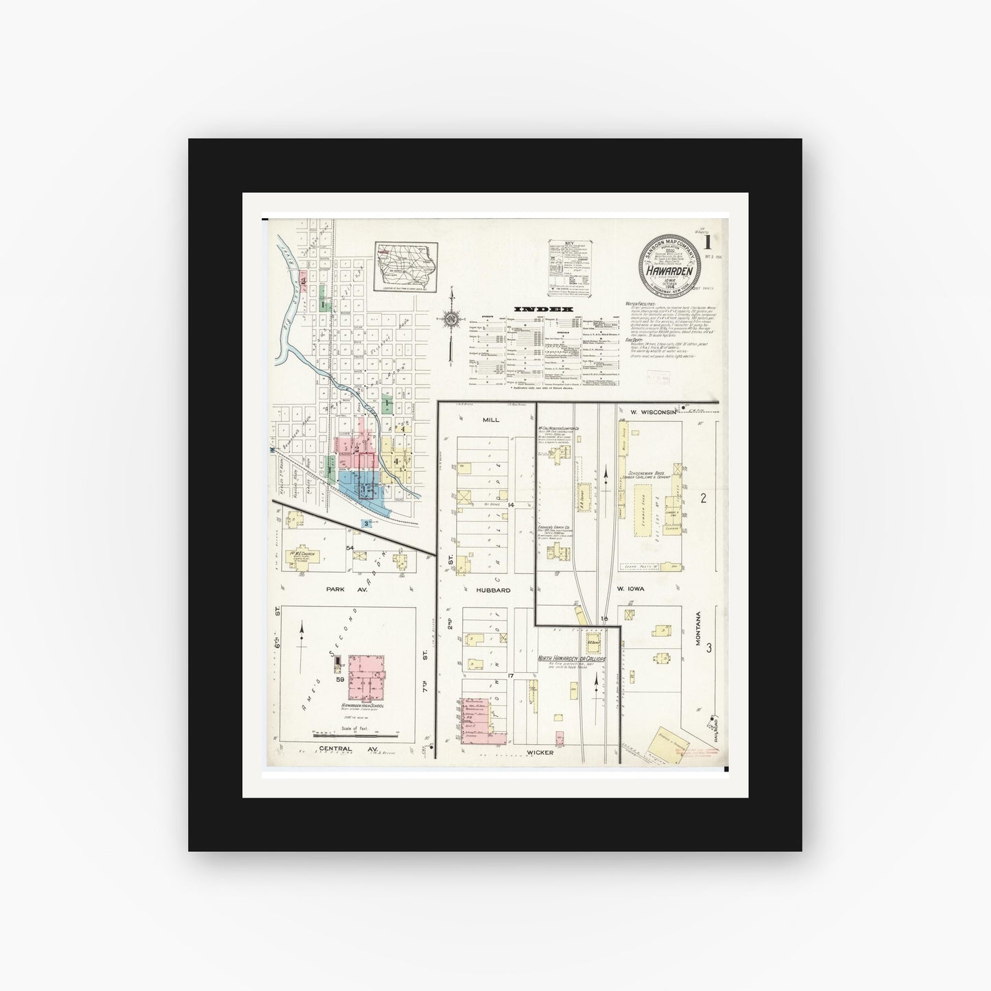 Old map wall art mockup — black gallery frame with white mat — Sanborn Fire Insurance Map from Hawarden, Sioux County, Iowa (1914) — Complete Set