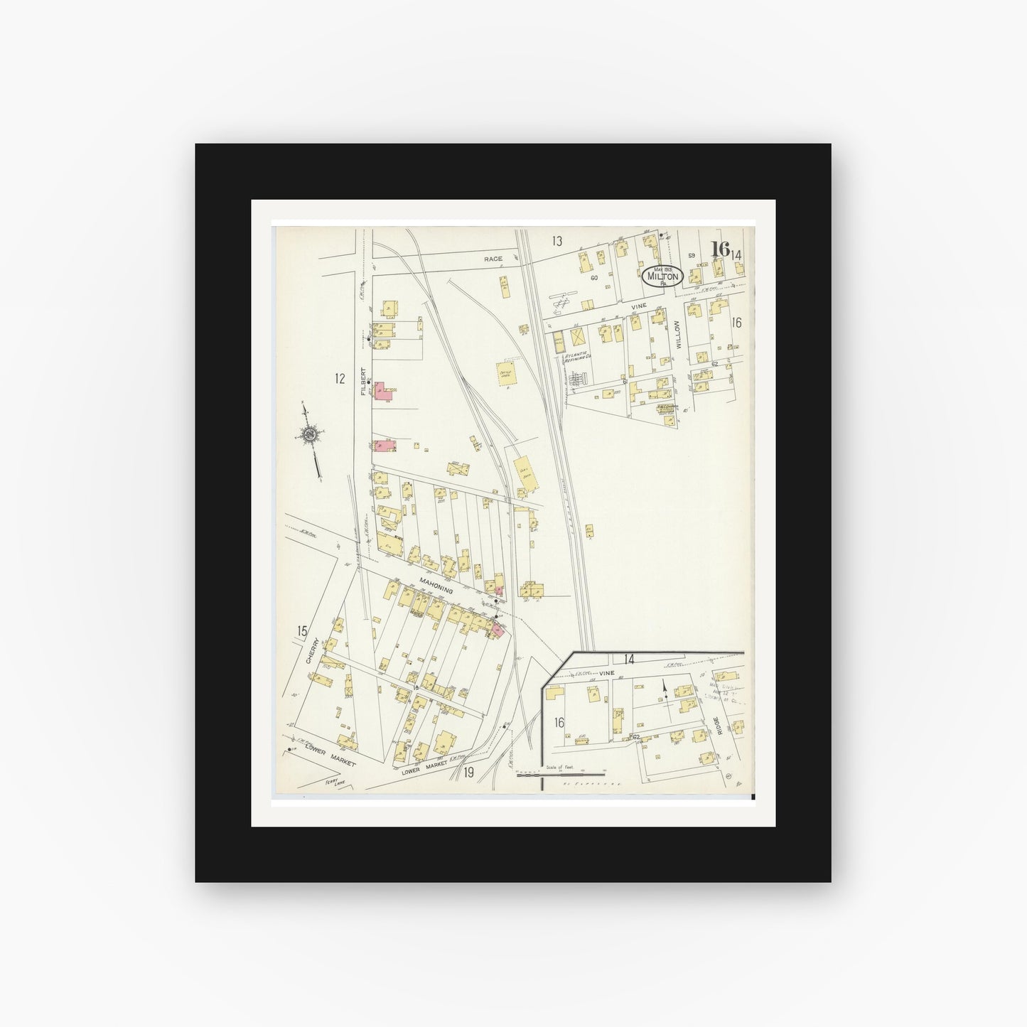 Old map wall art mockup — black gallery frame with white mat — Sanborn Fire Insurance Map from Milton, Northumberland County, Pennsylvania (1913), Sheet #0016