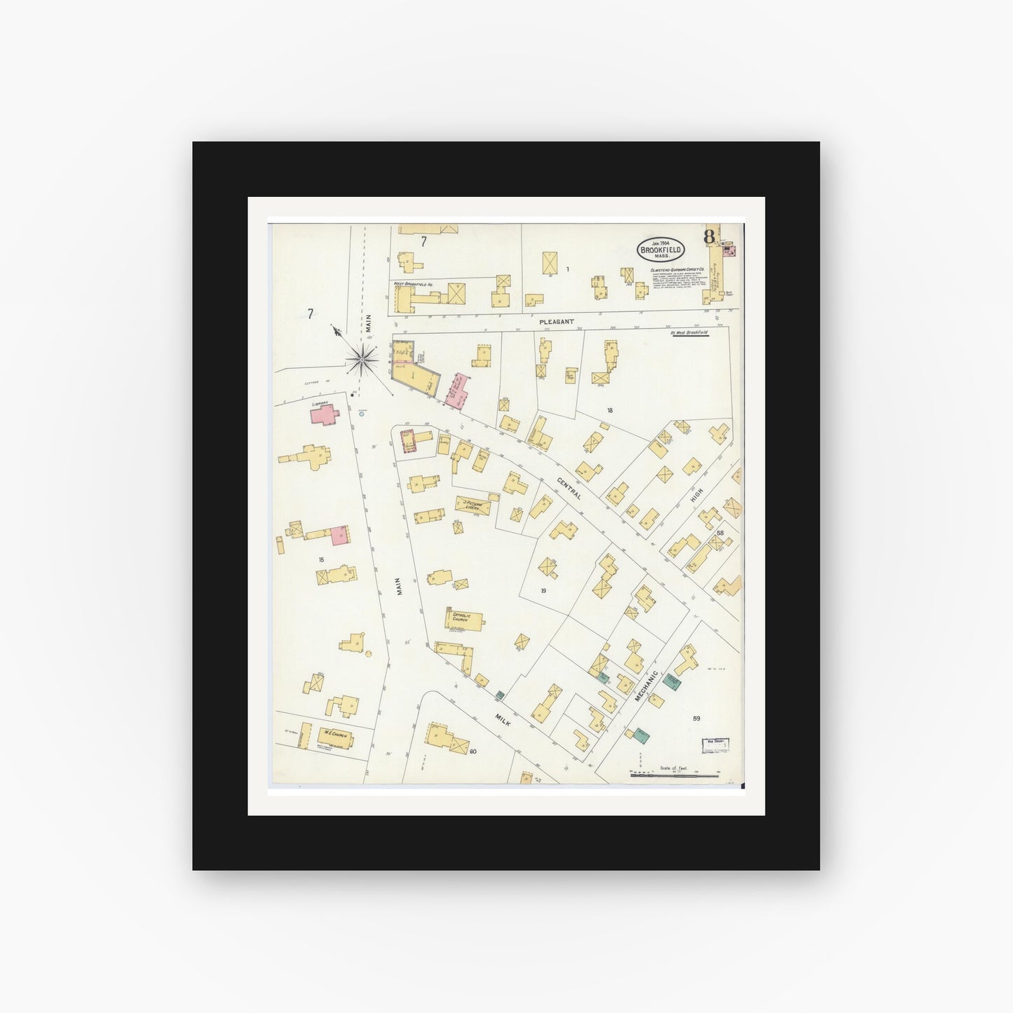 Old map wall art mockup — black gallery frame with white mat — Sanborn Fire Insurance Map from Brookfield, Worcester County, Massachusetts (1904), Sheet #0008