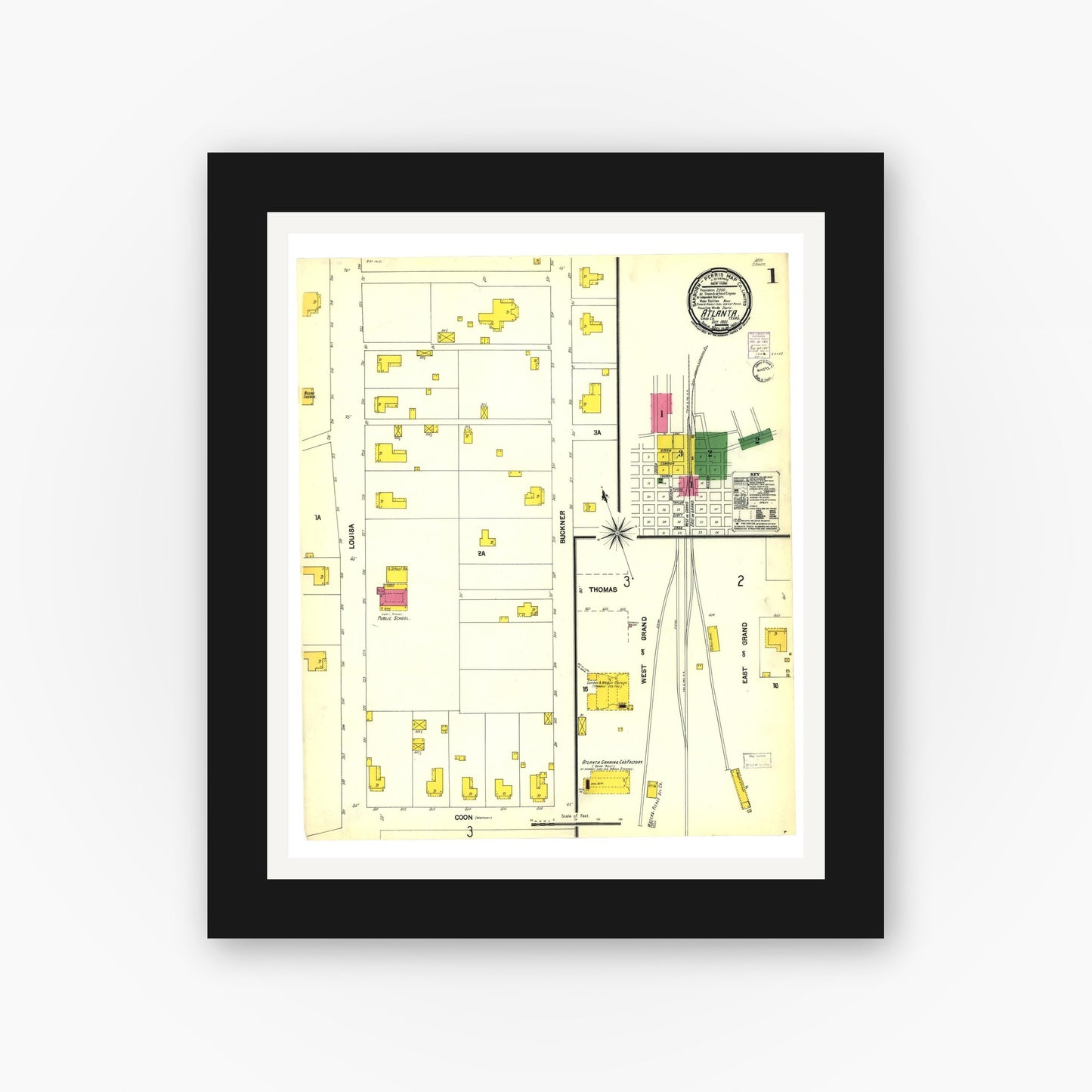 Old map wall art mockup — black gallery frame with white mat — Sanborn Fire Insurance Map from Atlanta, Cass County, Texas (1901), Sheet #0001