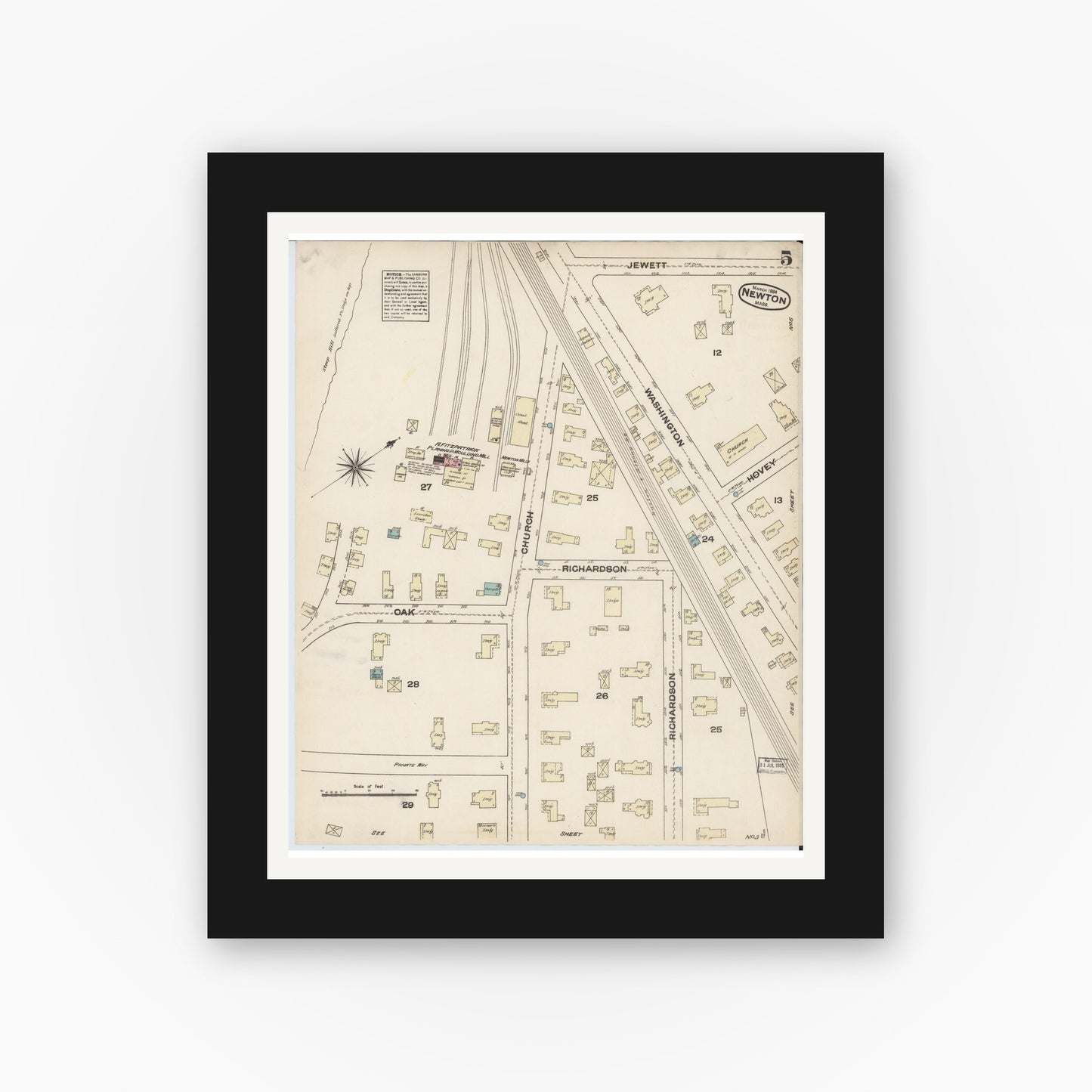 Old map wall art mockup — black gallery frame with white mat — Sanborn Fire Insurance Map from Newton, Middlesex County, Massachusetts (1884), Sheet #0005