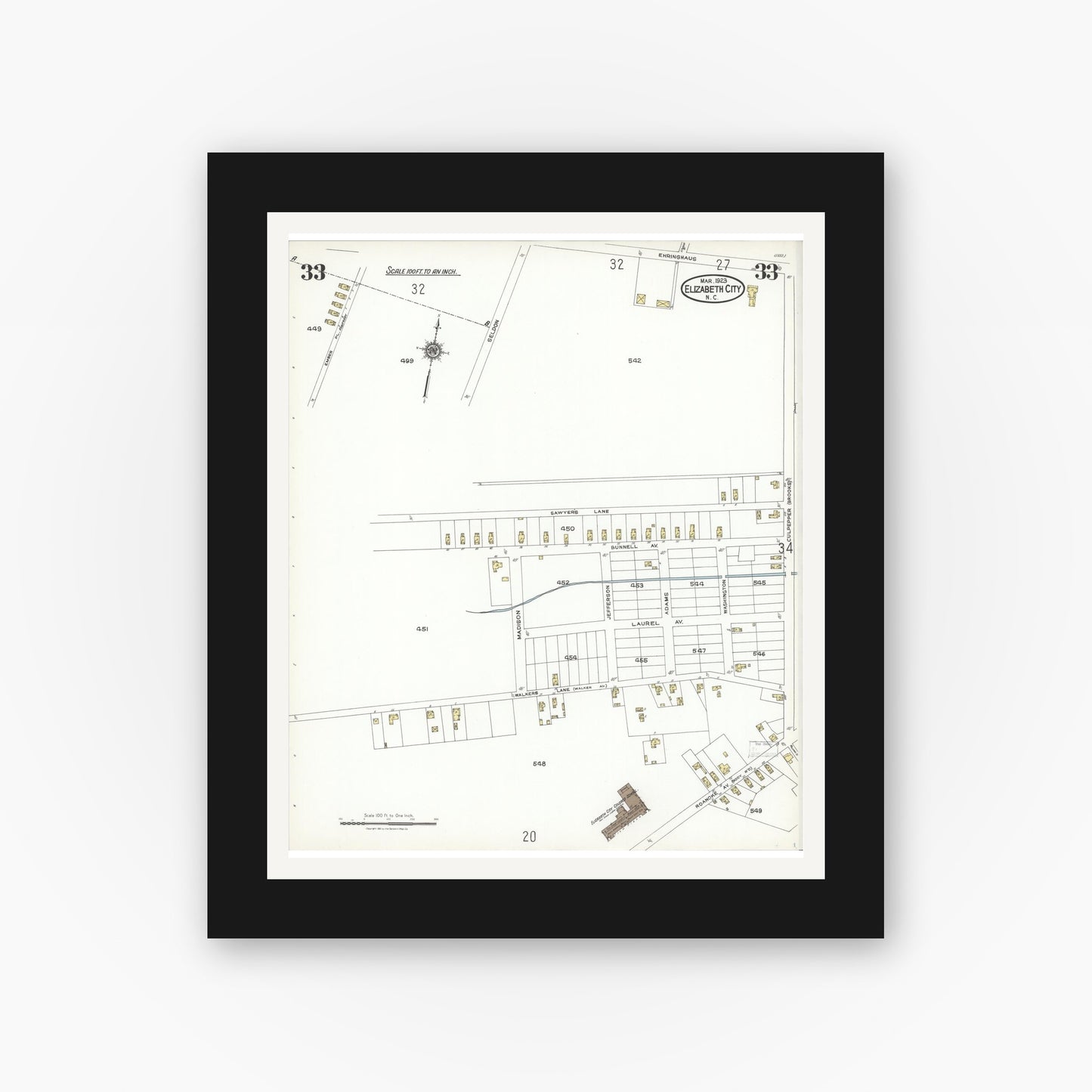 Old map wall art mockup — black gallery frame with white mat — Sanborn Fire Insurance Map from Elizabeth City, Pasquotank County, North Carolina (1923), Sheet #0033