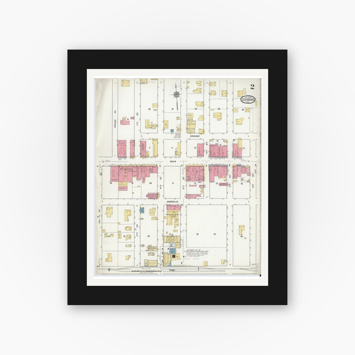 Old map wall art mockup — black gallery frame with white mat — Sanborn Fire Insurance Map from Leesburg, Lake County, Florida (1918), Sheet #0002