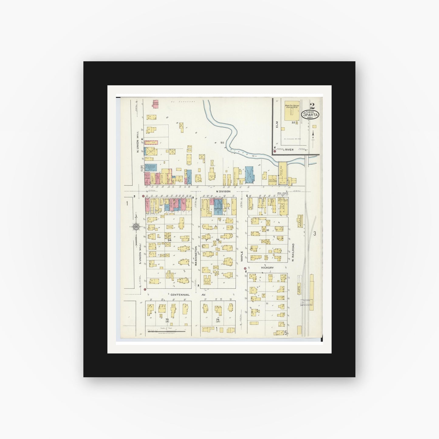Old map wall art mockup — black gallery frame with white mat — Sanborn Fire Insurance Map from Sparta, Kent County, Michigan (1918), Sheet #0002