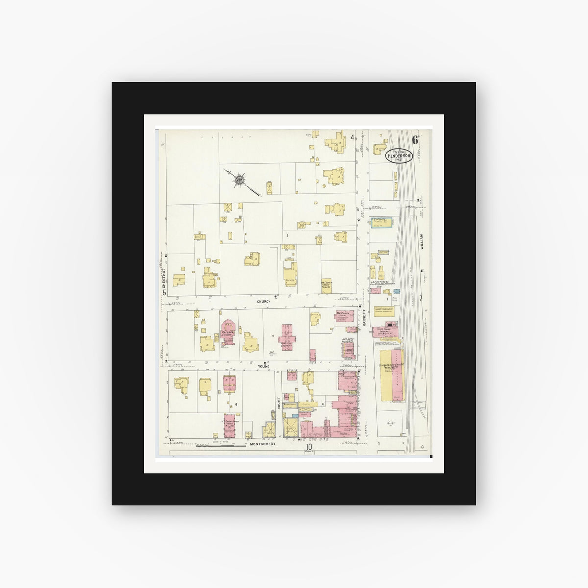 Old map wall art mockup β black gallery frame with white mat β Sanborn Fire Insurance Map from Henderson, Vance County, North Carolina (1912), Sheet #0006