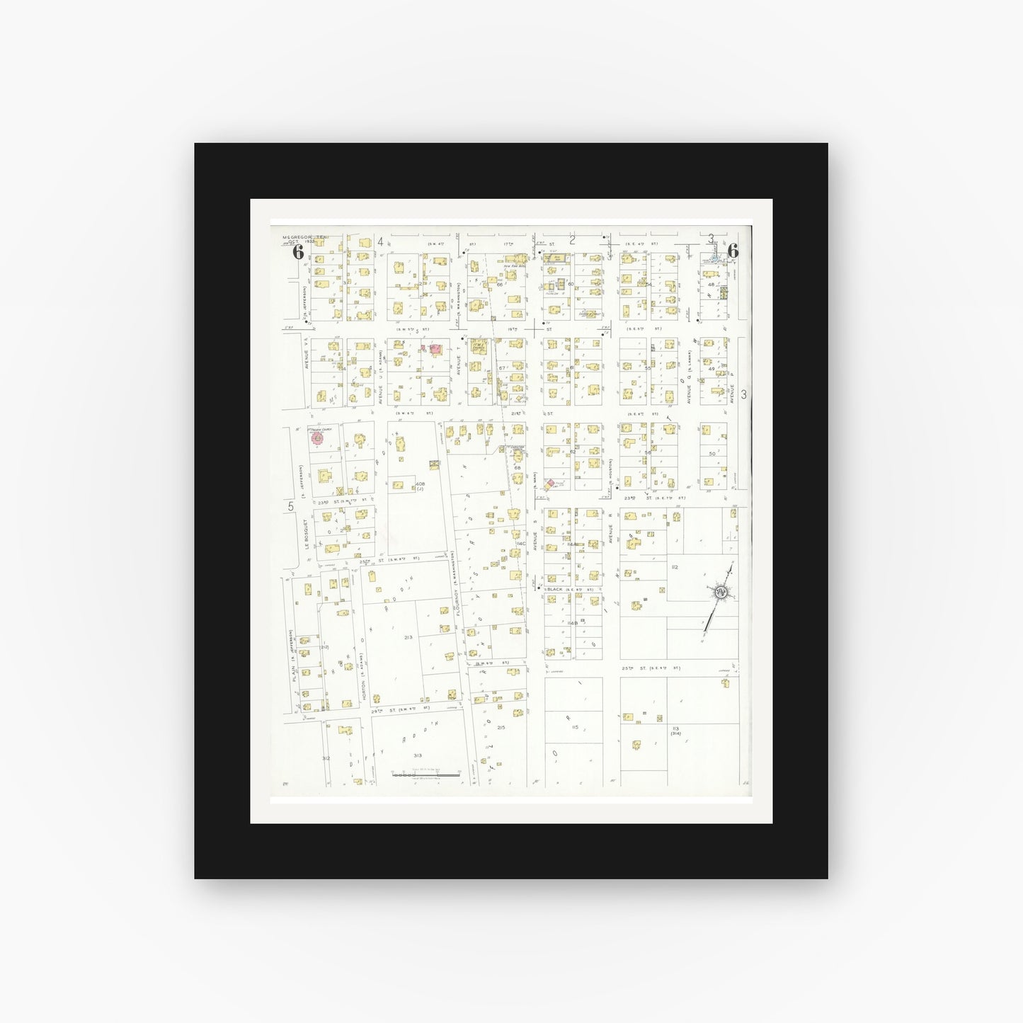 Old map wall art mockup — black gallery frame with white mat — Sanborn Fire Insurance Map from McGregor, McLennan County, Texas (1932), Sheet #0006