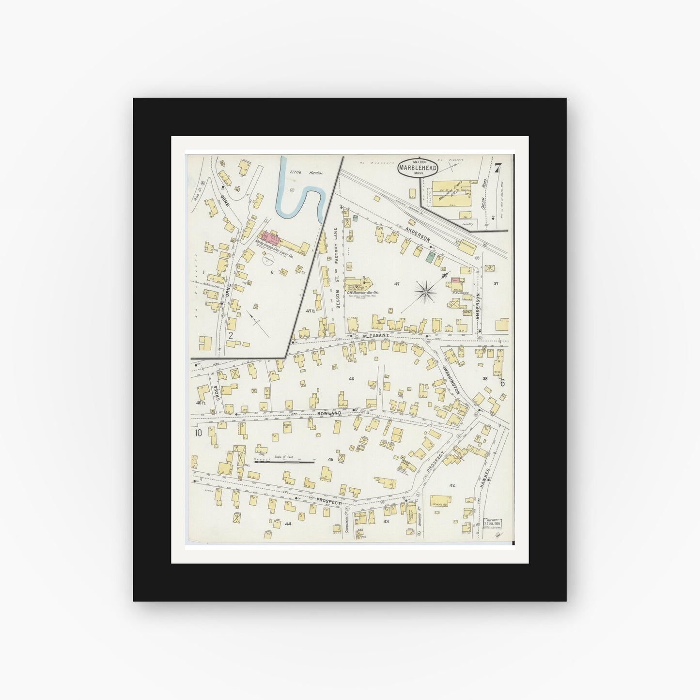 Old map wall art mockup — black gallery frame with white mat — Sanborn Fire Insurance Map from Marblehead, Essex County, Massachusetts (1896), Sheet #0007