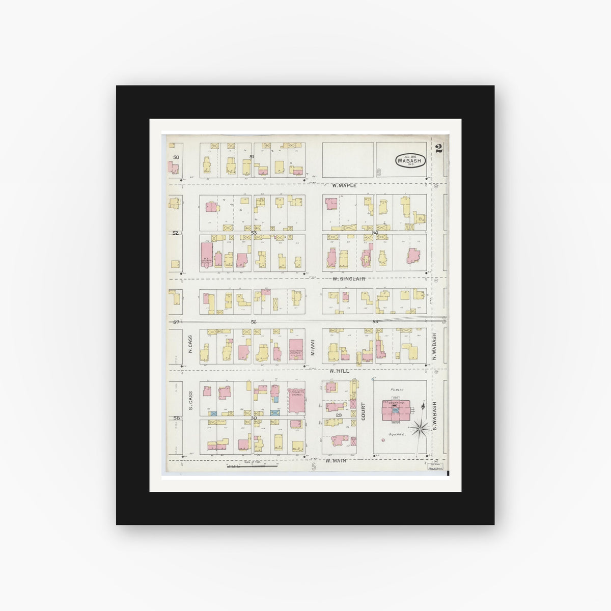 Old map wall art mockup — black gallery frame with white mat — Sanborn Fire Insurance Map from Wabash, Wabash County, Indiana (1893), Sheet #0002
