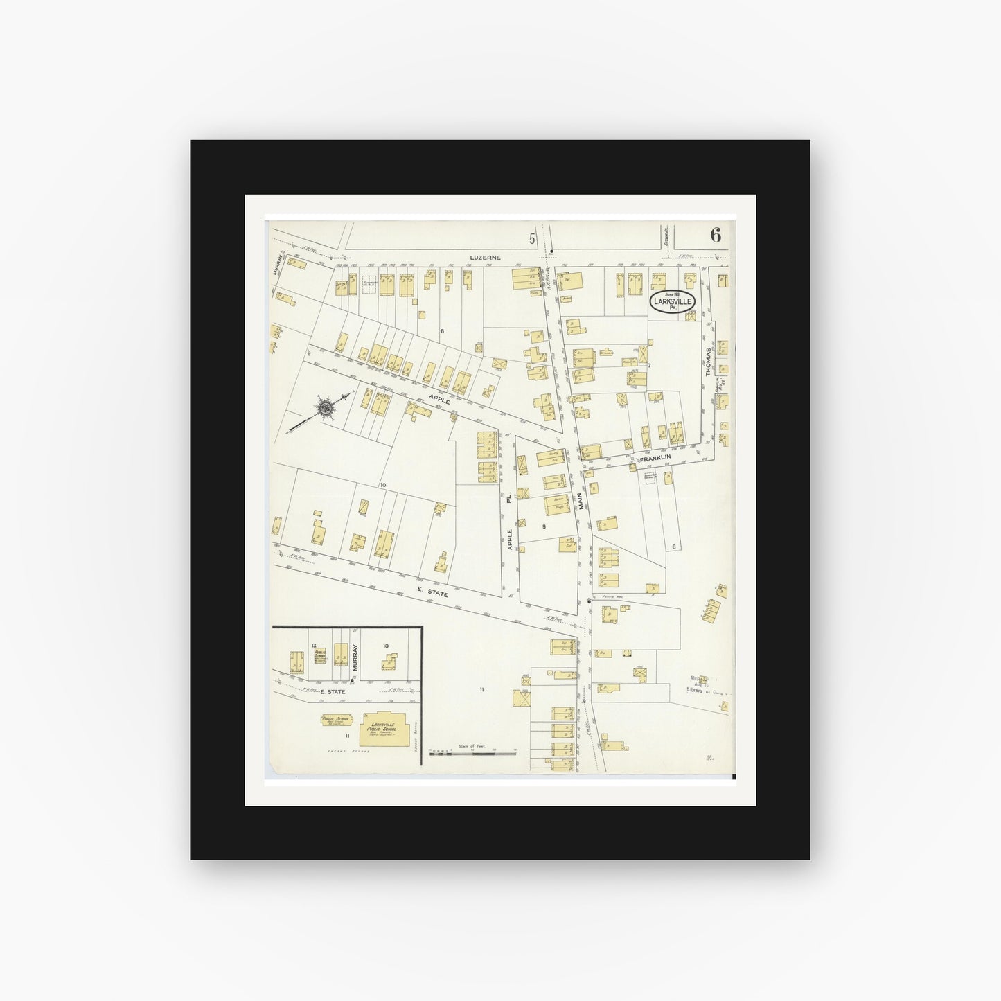 Old map wall art mockup — black gallery frame with white mat — Sanborn Fire Insurance Map from Larksville, Luzerne County, Pennsylvania (1911), Sheet #0006