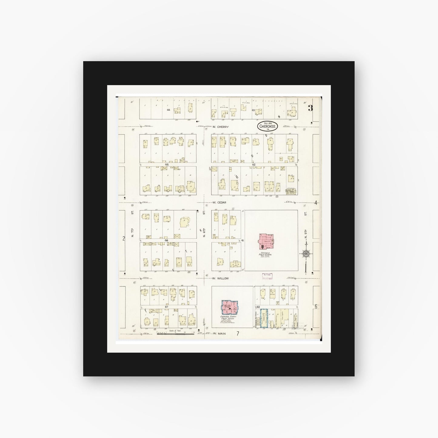 Old map wall art mockup — black gallery frame with white mat — Sanborn Fire Insurance Map from Cherokee, Cherokee County, Iowa (1914), Sheet #0003