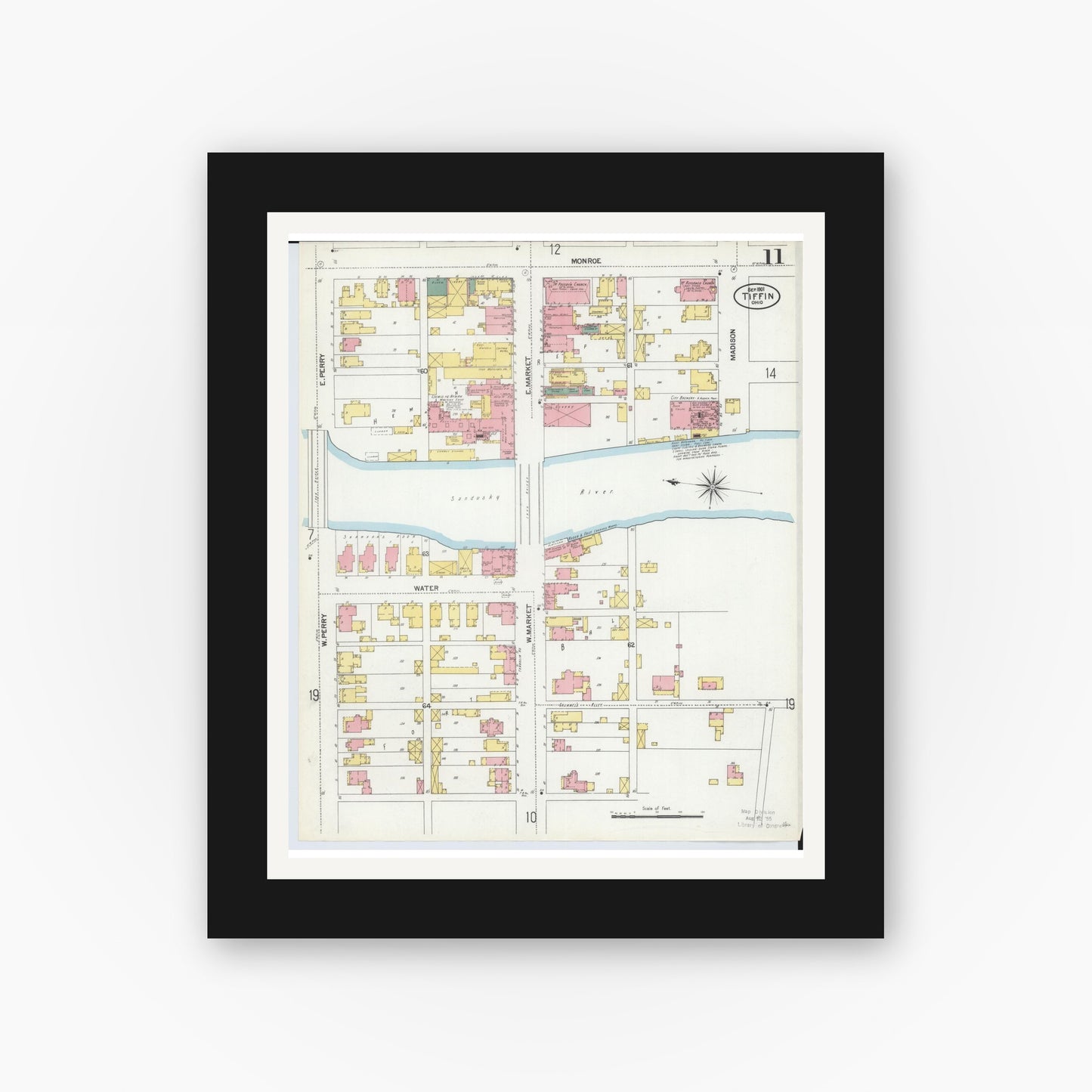 Old map wall art mockup — black gallery frame with white mat — Sanborn Fire Insurance Map from Tiffin, Seneca County, Ohio (1901), Sheet #0011