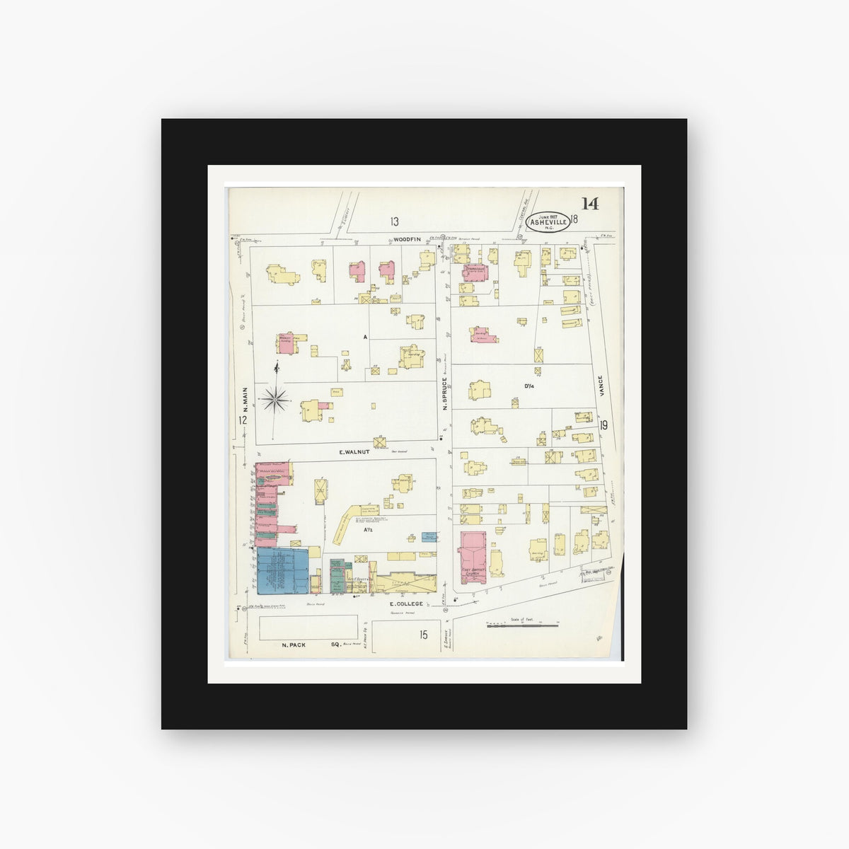 Old map wall art mockup — black gallery frame with white mat — Sanborn Fire Insurance Map from Asheville, Buncombe County, North Carolina (1907), Sheet #0014