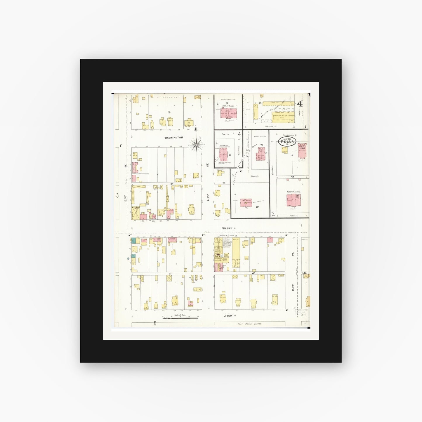 Old map wall art mockup — black gallery frame with white mat — Sanborn Fire Insurance Map from Pella, Marion County, Iowa (1906), Sheet #0004