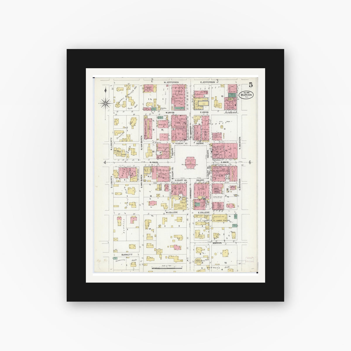 Old map wall art mockup — black gallery frame with white mat — Sanborn Fire Insurance Map from Marion, Williamson County, Illinois (1906), Sheet #0005