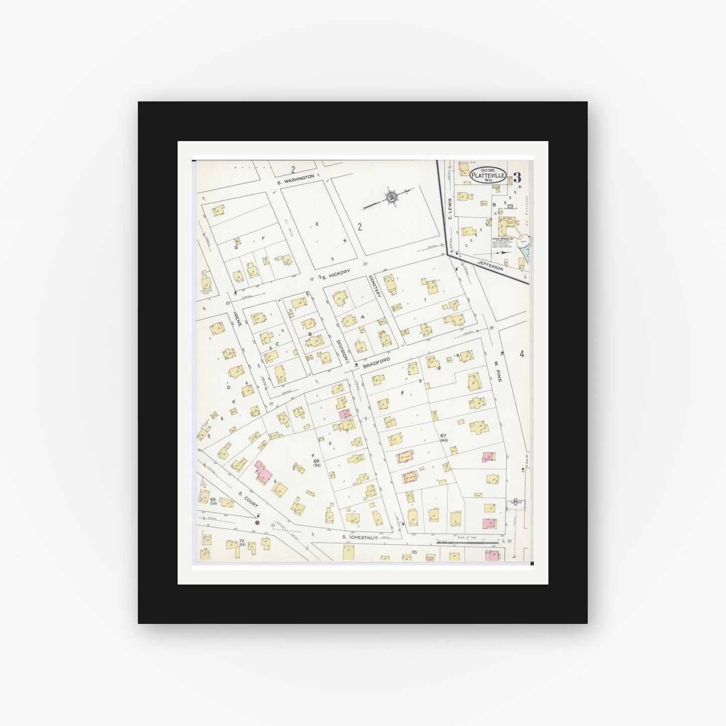 Old map wall art mockup — black gallery frame with white mat — Sanborn Fire Insurance Map from Platteville, Grant County, Wisconsin (1915), Sheet #0003