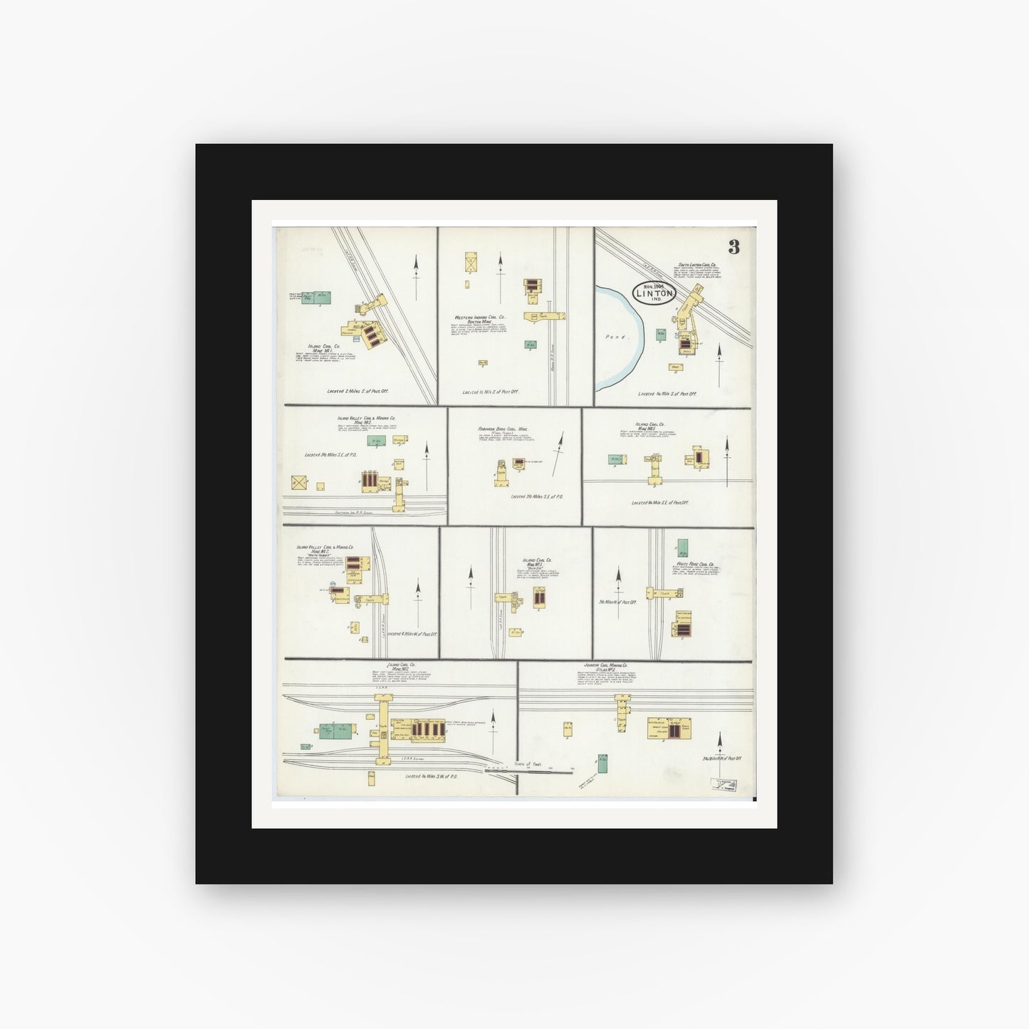 Old map wall art mockup — black gallery frame with white mat — Sanborn Fire Insurance Map from Linton, Greene County, Indiana (1904), Sheet #0003