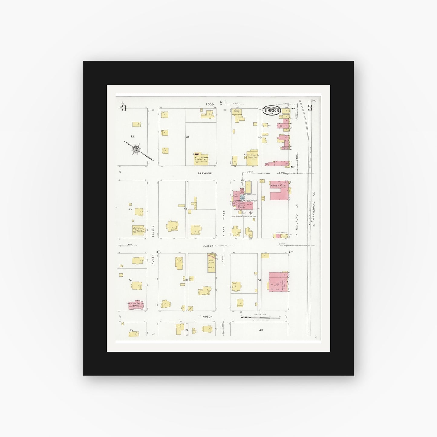 Old map wall art mockup — black gallery frame with white mat — Sanborn Fire Insurance Map from Timpson, Shelby County, Texas (1927), Sheet #0003