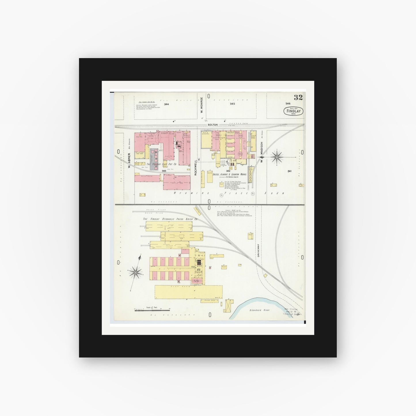 Old map wall art mockup — black gallery frame with white mat — Sanborn Fire Insurance Map from Findlay, Hancock County, Ohio (1901), Sheet #0032