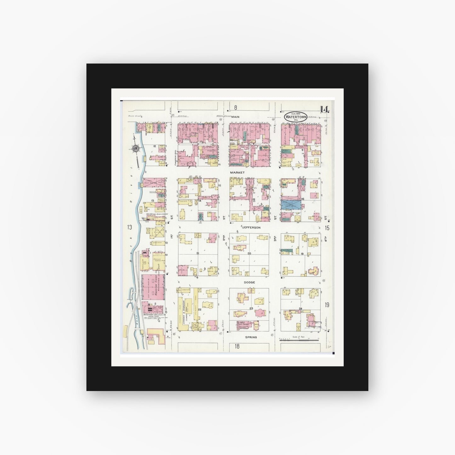 Old map wall art mockup — black gallery frame with white mat — Sanborn Fire Insurance Map from Watertown, Jefferson County, Wisconsin (1909), Sheet #0014