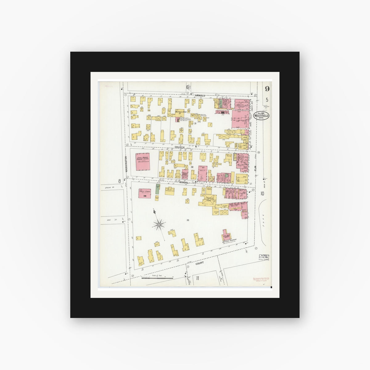 Old map wall art mockup — black gallery frame with white mat — Sanborn Fire Insurance Map from Westfield, Hampden County, Massachusetts (1900), Sheet #0009