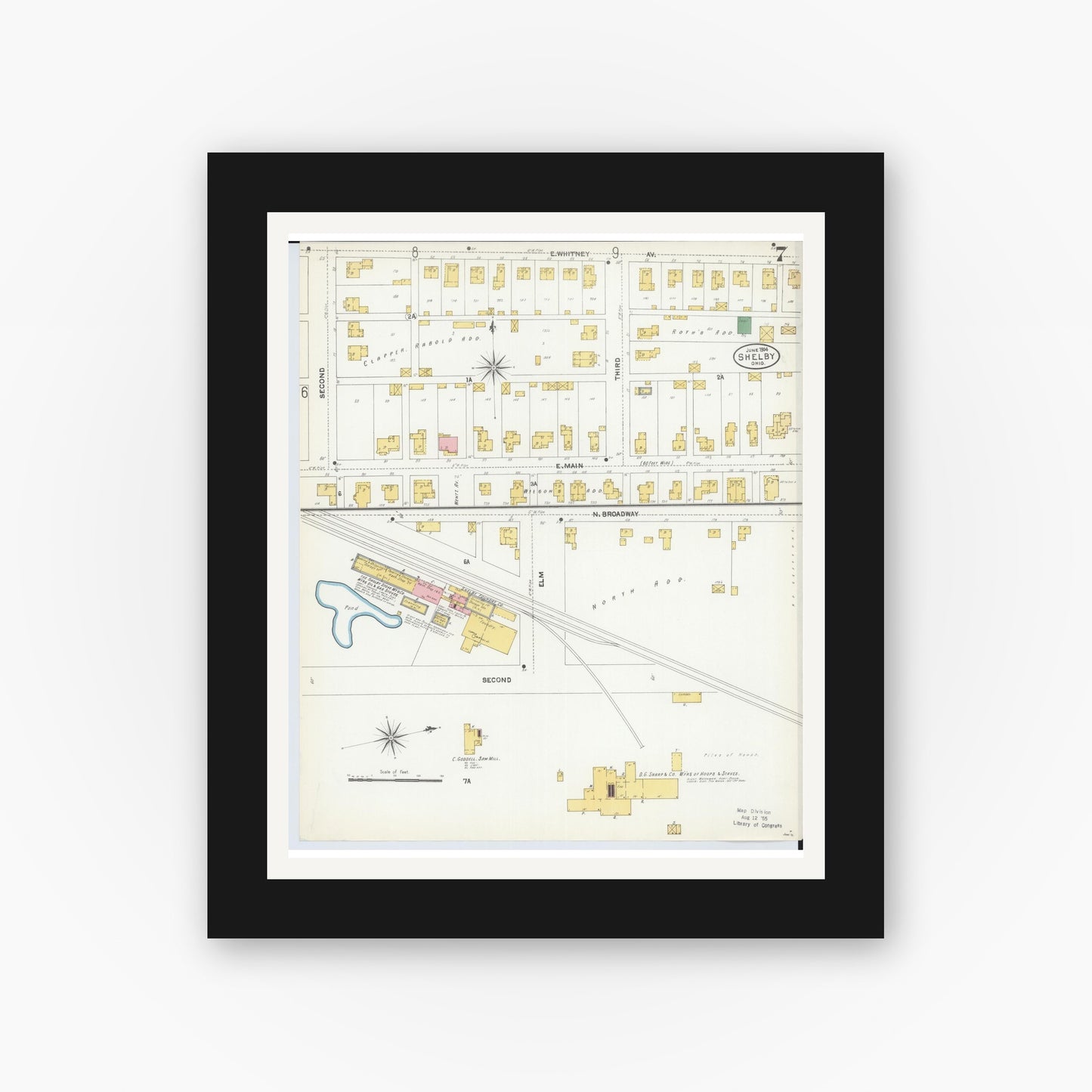 Old map wall art mockup — black gallery frame with white mat — Sanborn Fire Insurance Map from Shelby, Richland County, Ohio (1904), Sheet #0007