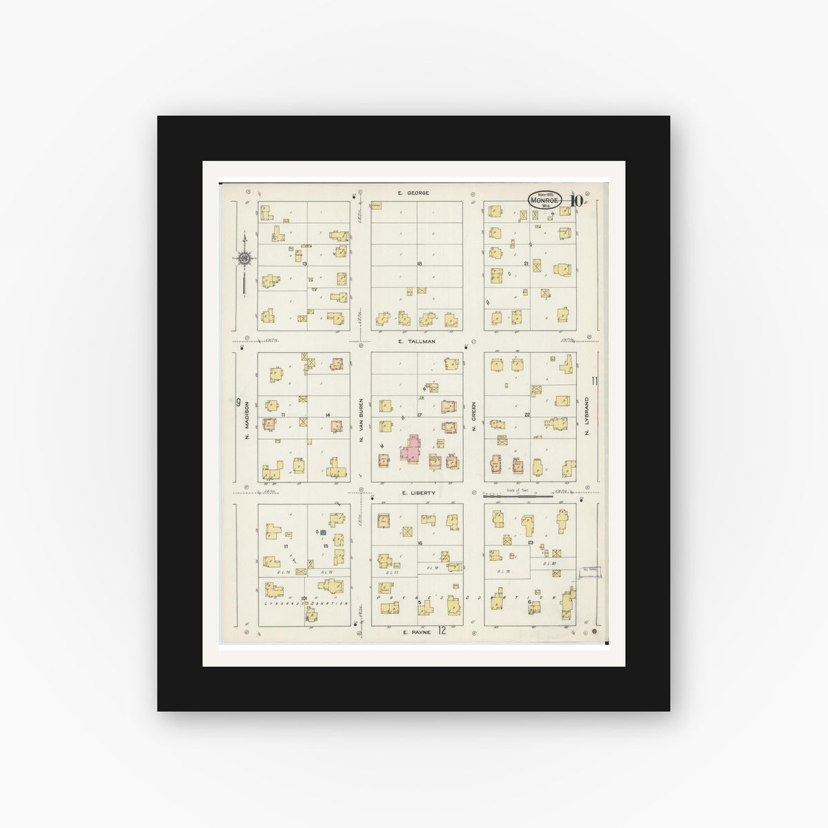 Old map wall art mockup — black gallery frame with white mat — Sanborn Fire Insurance Map from Monroe, Green County, Wisconsin (1915), Sheet #0010