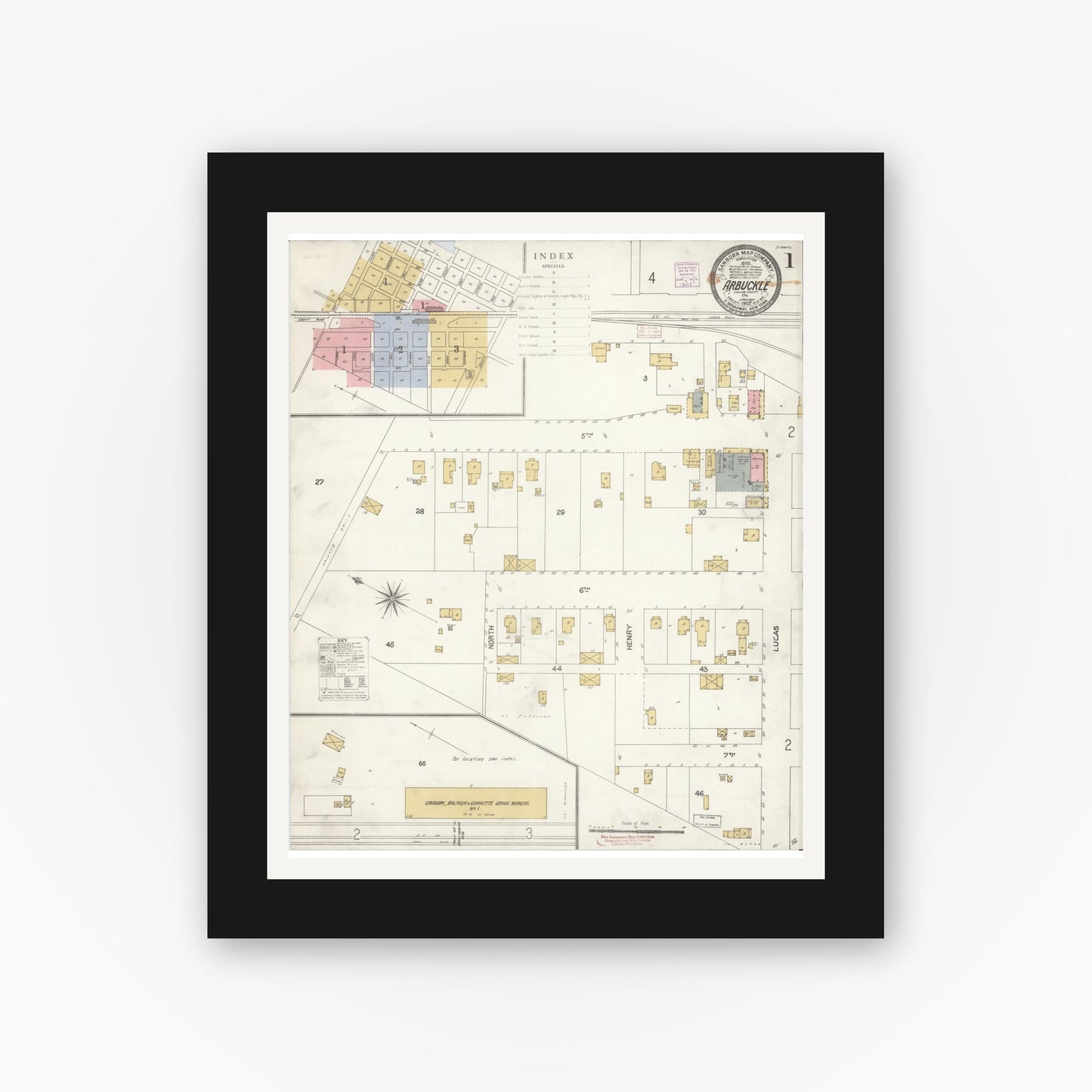 Old map wall art mockup — black gallery frame with white mat — Sanborn Fire Insurance Map from Arbuckle, Colusa County, California (1907), Sheet #0001
