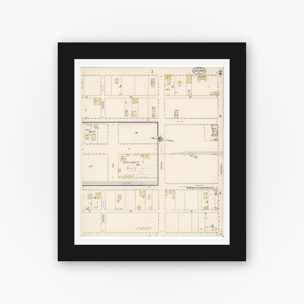 Old map wall art mockup — black gallery frame with white mat — Sanborn Fire Insurance Map from Delano, Kern County, California (1912), Sheet #0002