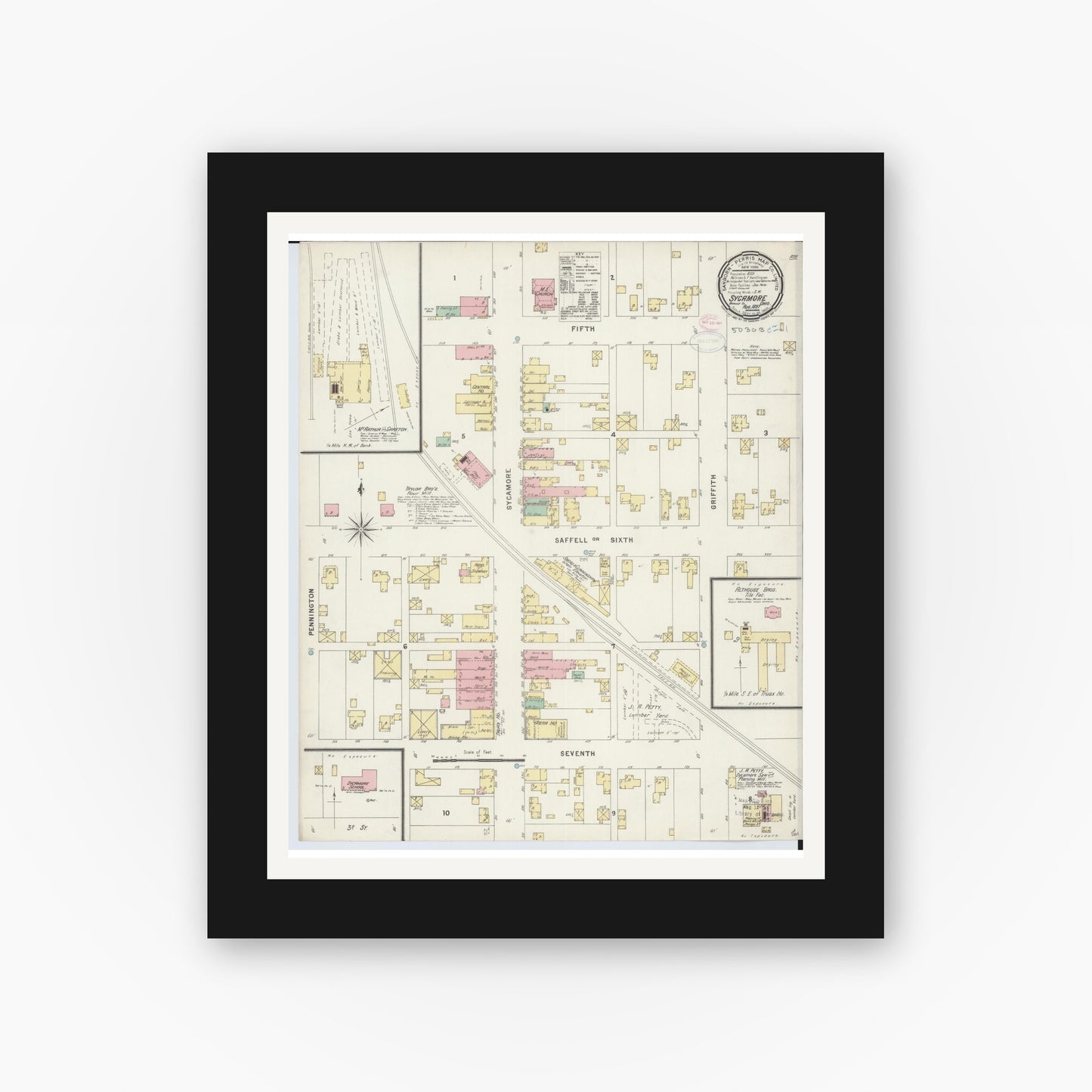 Old map wall art mockup — black gallery frame with white mat — Sanborn Fire Insurance Map from Sycamore, Wyandot County, Ohio (1897), Sheet #0001