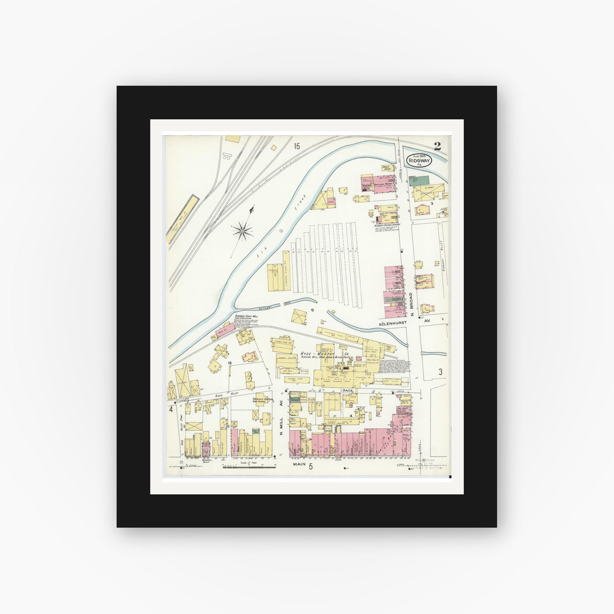 Old map wall art mockup — black gallery frame with white mat — Sanborn Fire Insurance Map from Ridgway, Elk County, Pennsylvania (1909), Sheet #0002