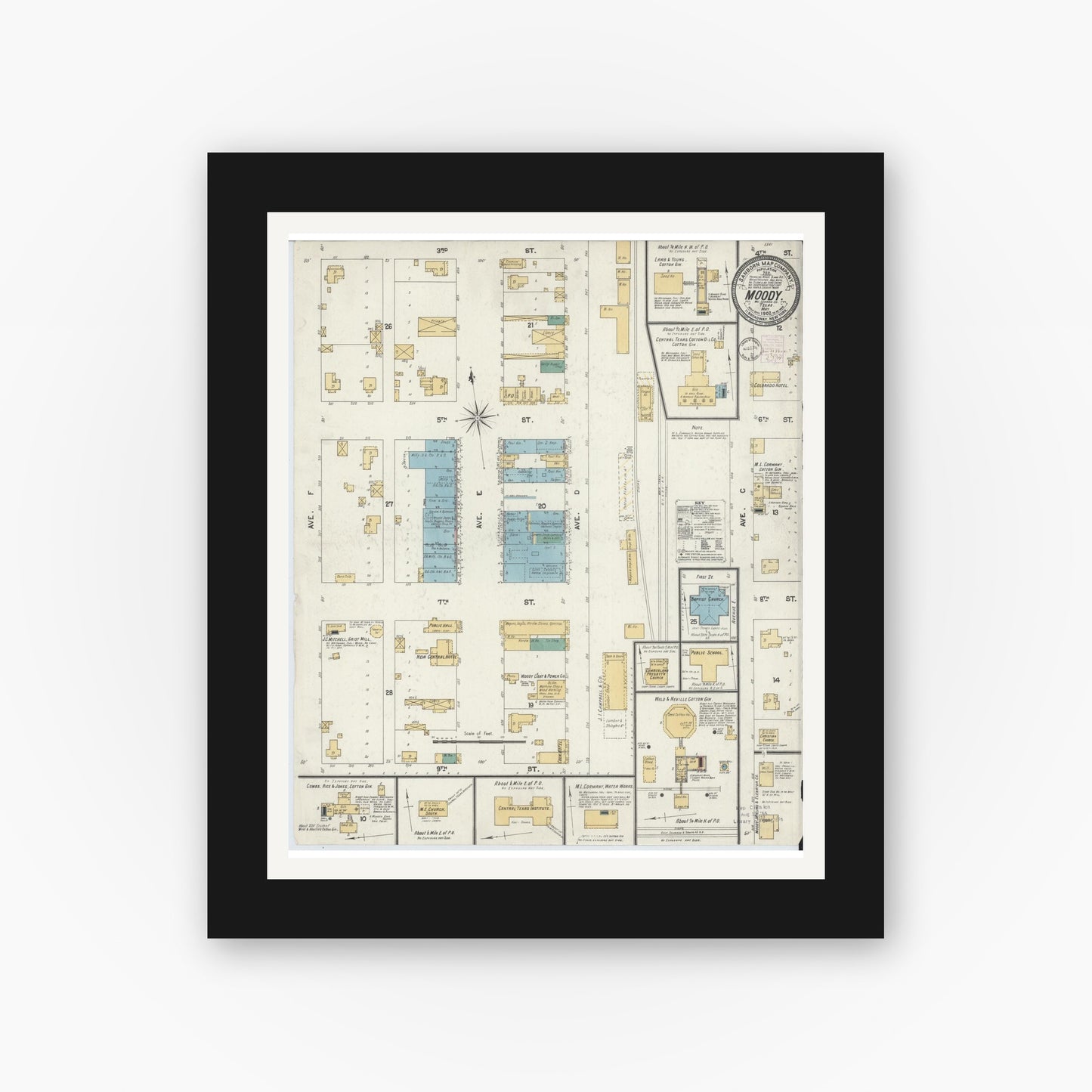 Old map wall art mockup — black gallery frame with white mat — Sanborn Fire Insurance Map from Moody, McLennan County, Texas (1902), Sheet #0001