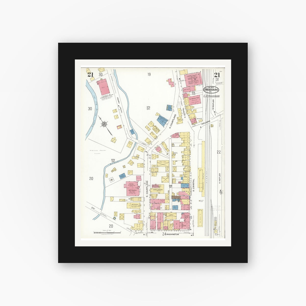 Old map wall art mockup — black gallery frame with white mat — Sanborn Fire Insurance Map from Stroudsburg, Monroe County, Pennsylvania (1923), Sheet #0021