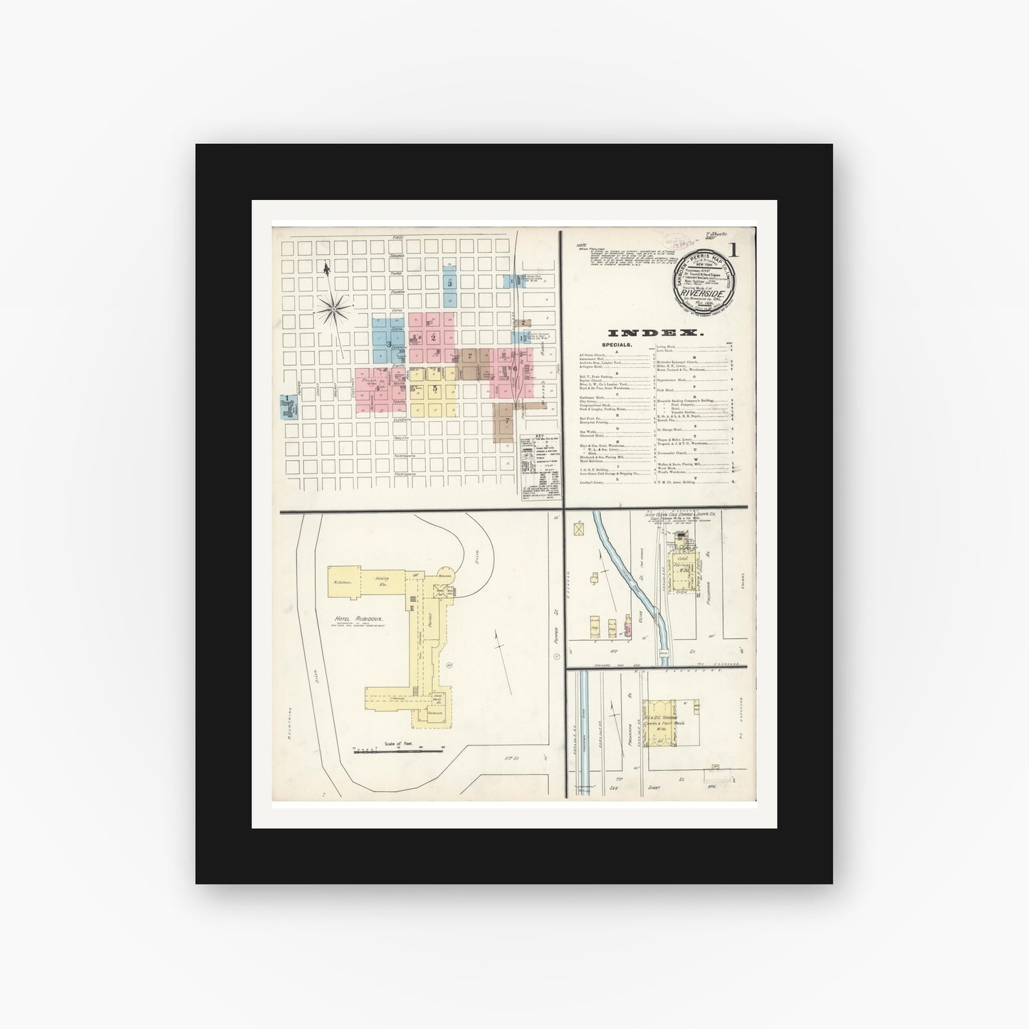 Old map wall art mockup — black gallery frame with white mat — Sanborn Fire Insurance Map from Riverside, Riverside County, California (1891) - Complete Map Set