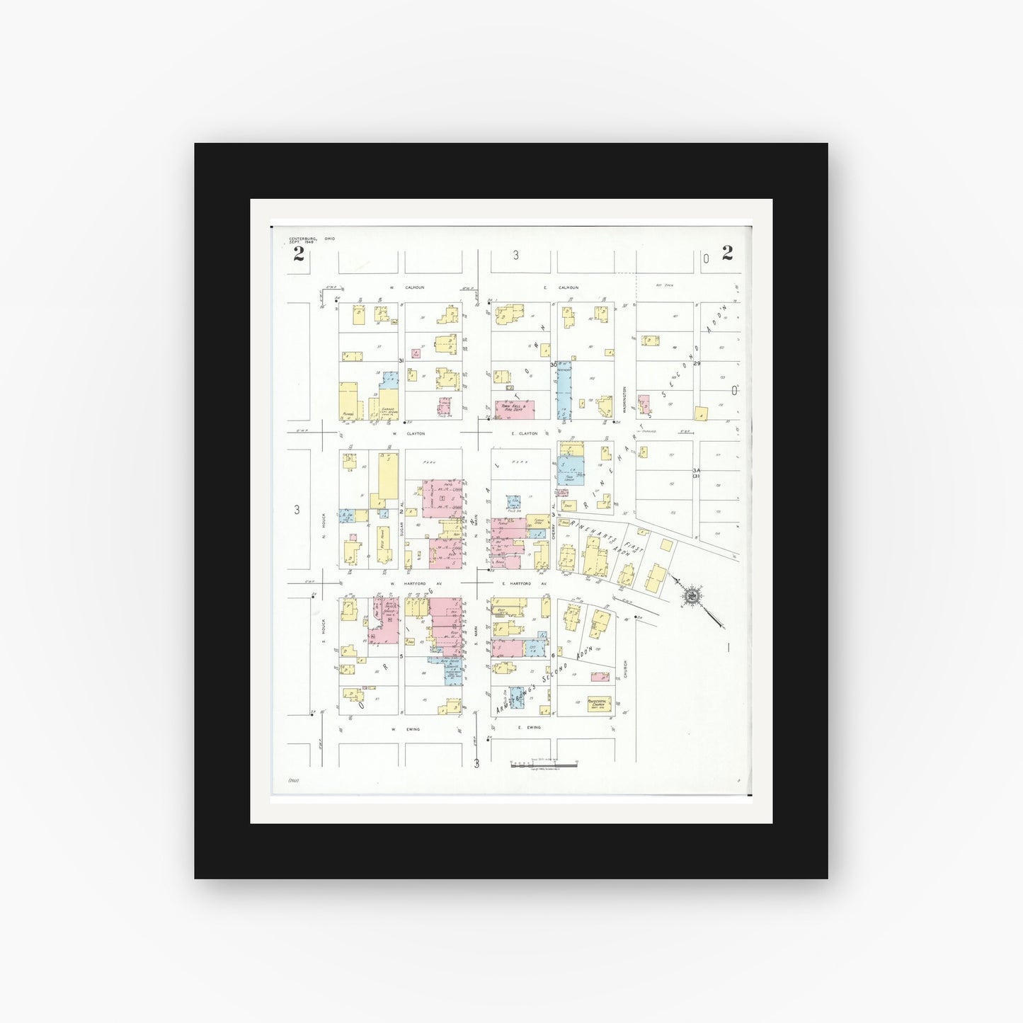 Old map wall art mockup — black gallery frame with white mat — Sanborn Fire Insurance Map from Centerburg, Knox County, Ohio (1949), Sheet #0002