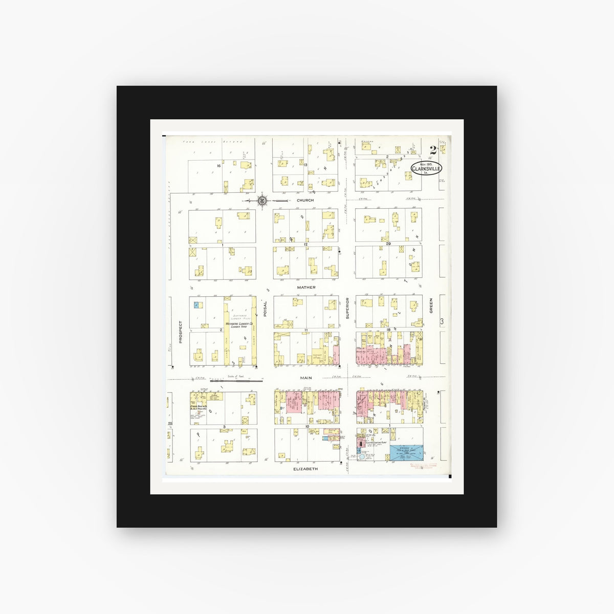 Old map wall art mockup — black gallery frame with white mat — Sanborn Fire Insurance Map from Clarksville, Butler County, Iowa (1915), Sheet #0002