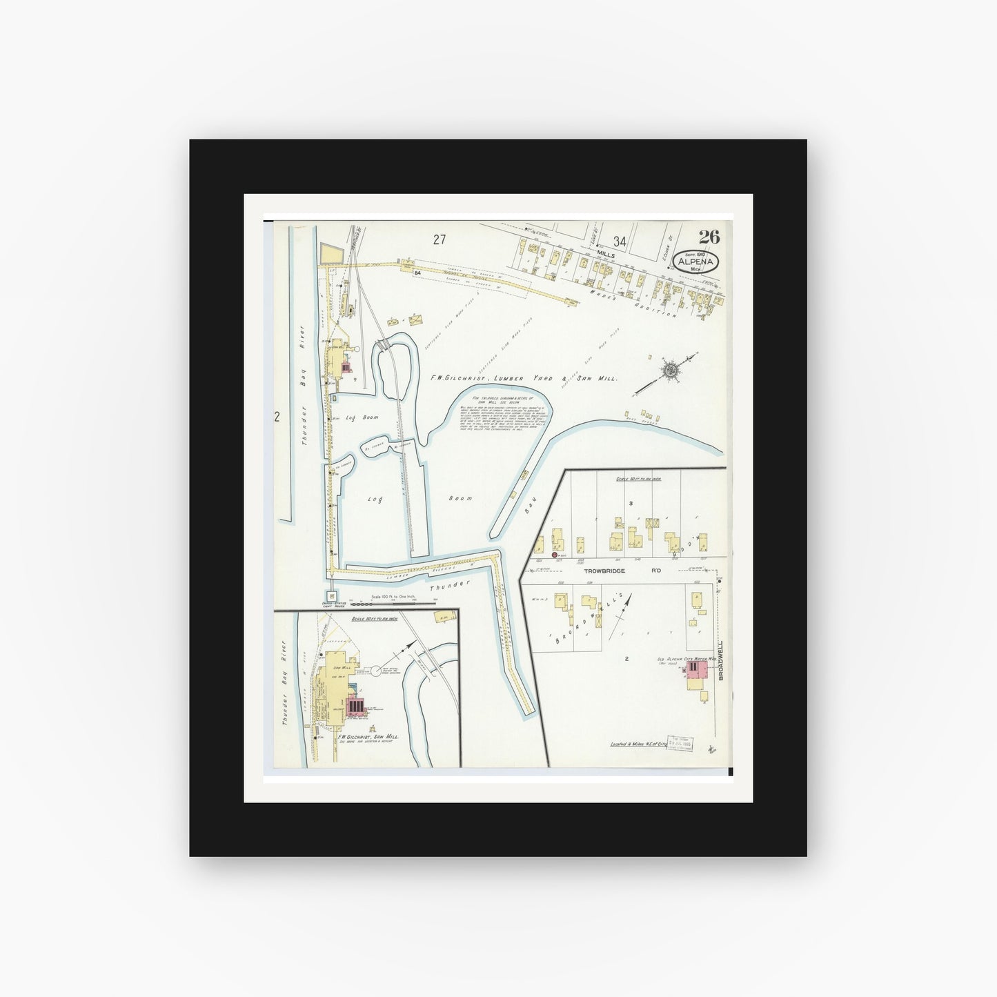 Old map wall art mockup — black gallery frame with white mat — Sanborn Fire Insurance Map from Alpena, Alpena County, Michigan (1910), Sheet #0026